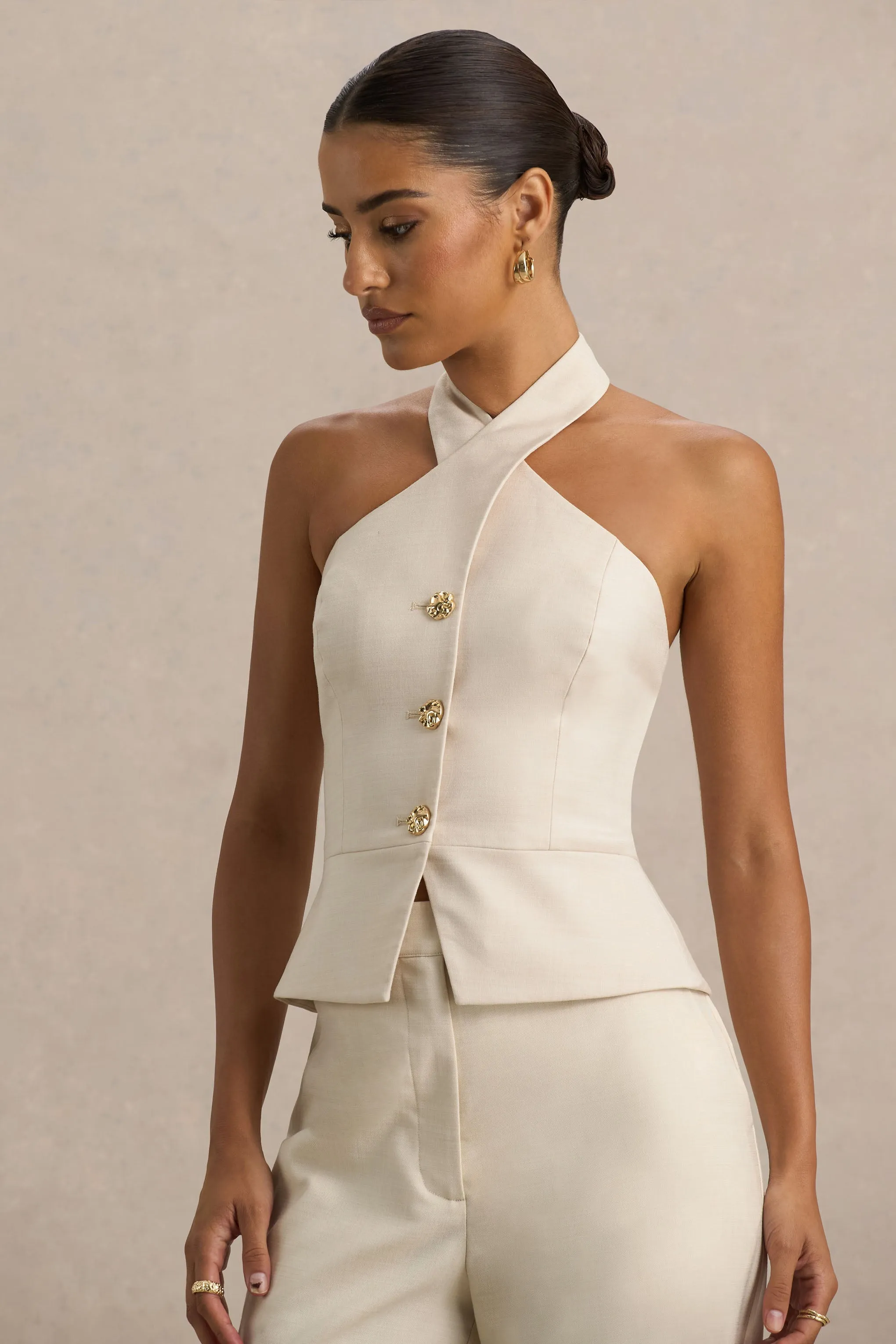 Cadence | Nude Halter-Neck Tailored Top sold by Club L London product image thumbnail 4