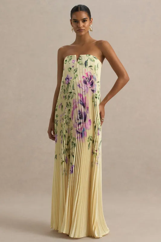 Bergamot | Lemon Rose Print Satin Sweetheart Maxi Dress sold by Club L London