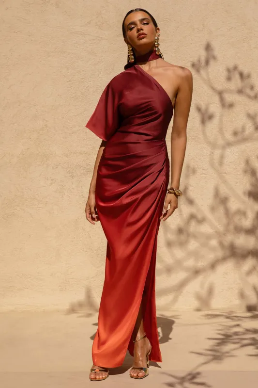 Coralie | Red and Orange Ombre Satin Asymmetric Maxi Dress sold by Club L London