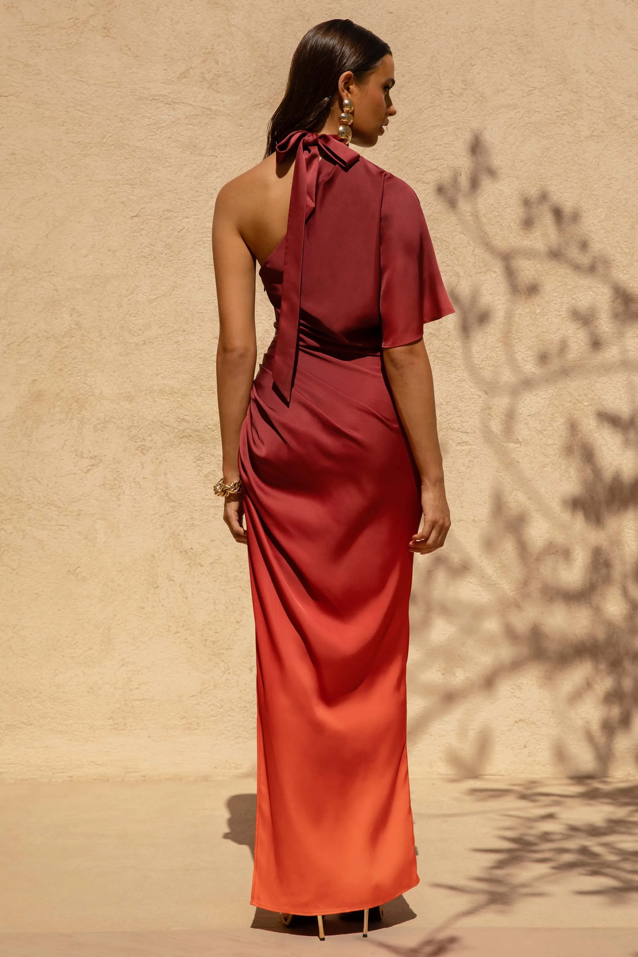 Coralie | Red and Orange Ombre Satin Asymmetric Maxi Dress sold by Club L London product image thumbnail 2