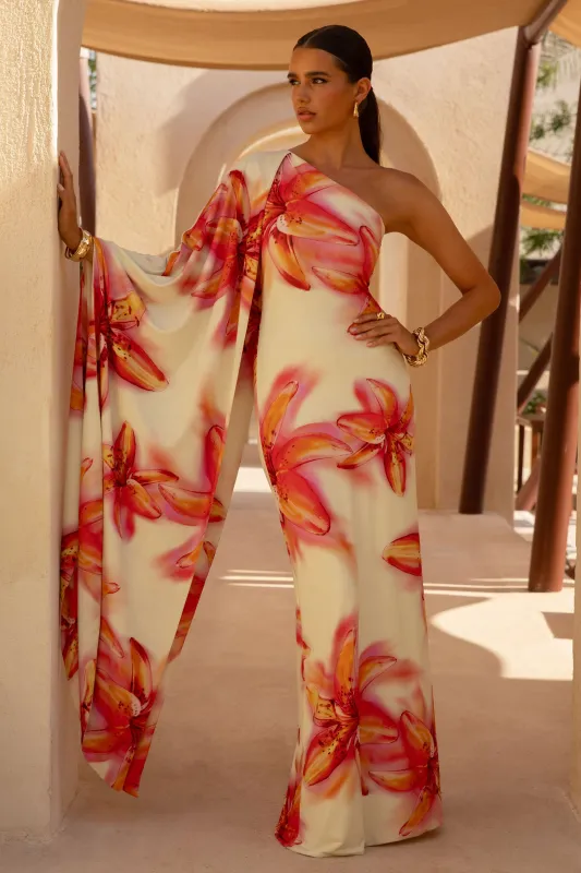 Portia | Lemon Lily Print Asymmetric Maxi Dress With Ruched Detail made by Club L London