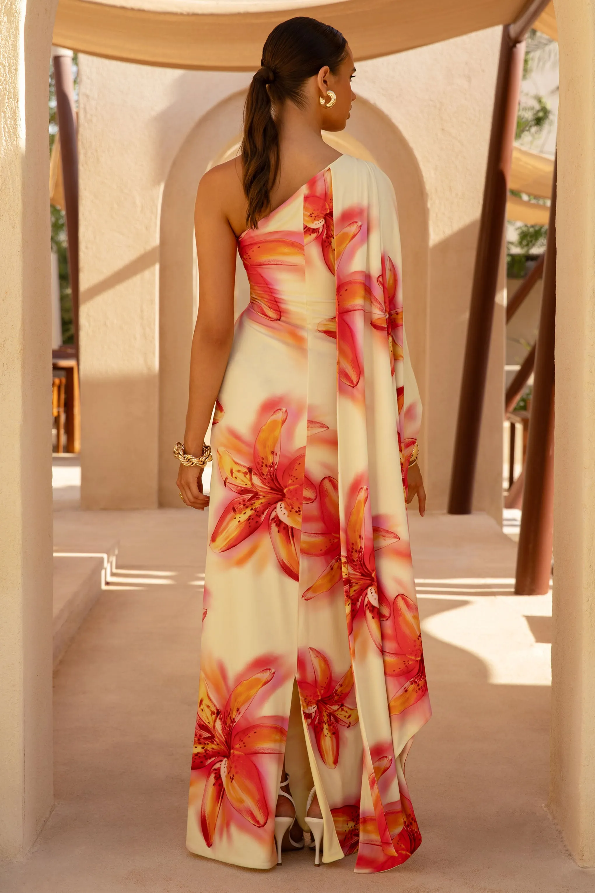 Portia | Lemon Lily Print Asymmetric Maxi Dress With Ruched Detail sold by Club L London product image thumbnail 2