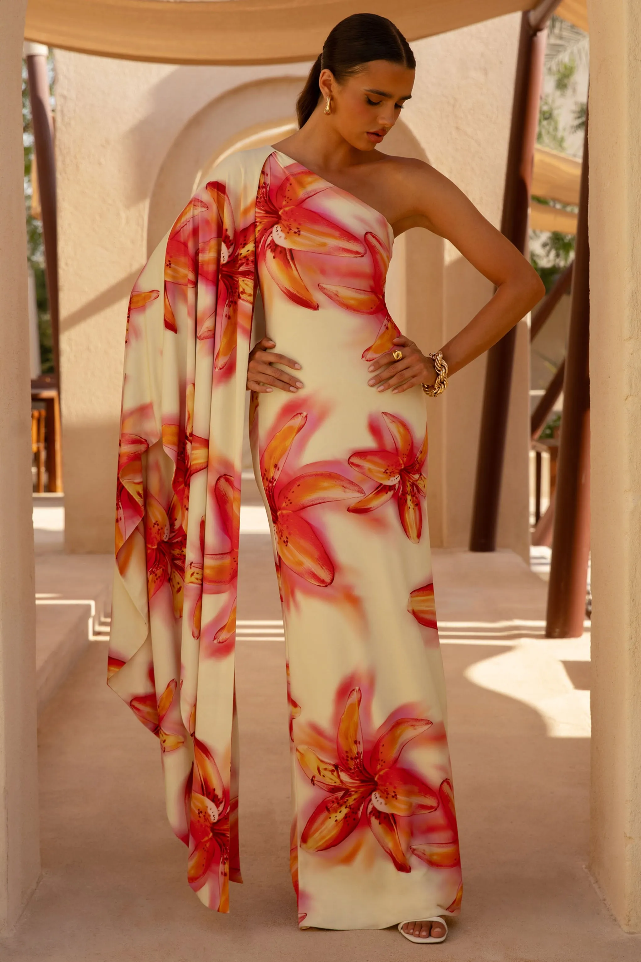 Portia | Lemon Lily Print Asymmetric Maxi Dress With Ruched Detail sold by Club L London product image thumbnail 3