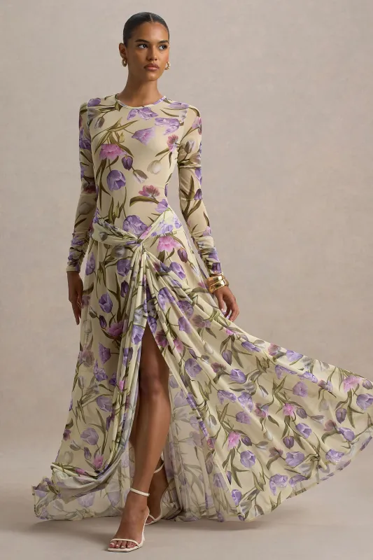 Koami | Yellow Floral Long-Sleeve Ruched Maxi Dress With High Split made by Club L London