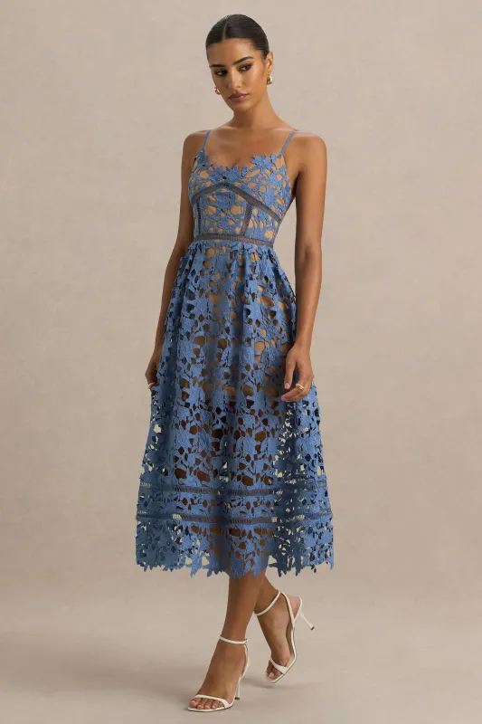 Zuri | Blue Lace Sweetheart Midi Dress With Cami Straps sold by Club L London
