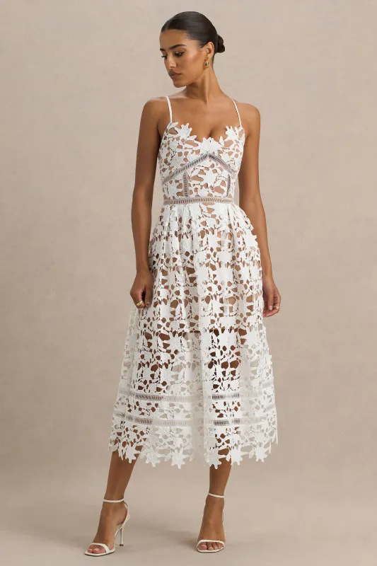 Zuri | White Lace Sweetheart Midi Dress With Cami Straps sold by Club L London
