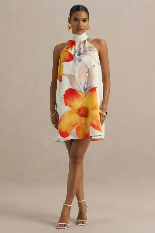 Evita | Orange Floral High-Neck Satin Mini Dress sold by Club L London