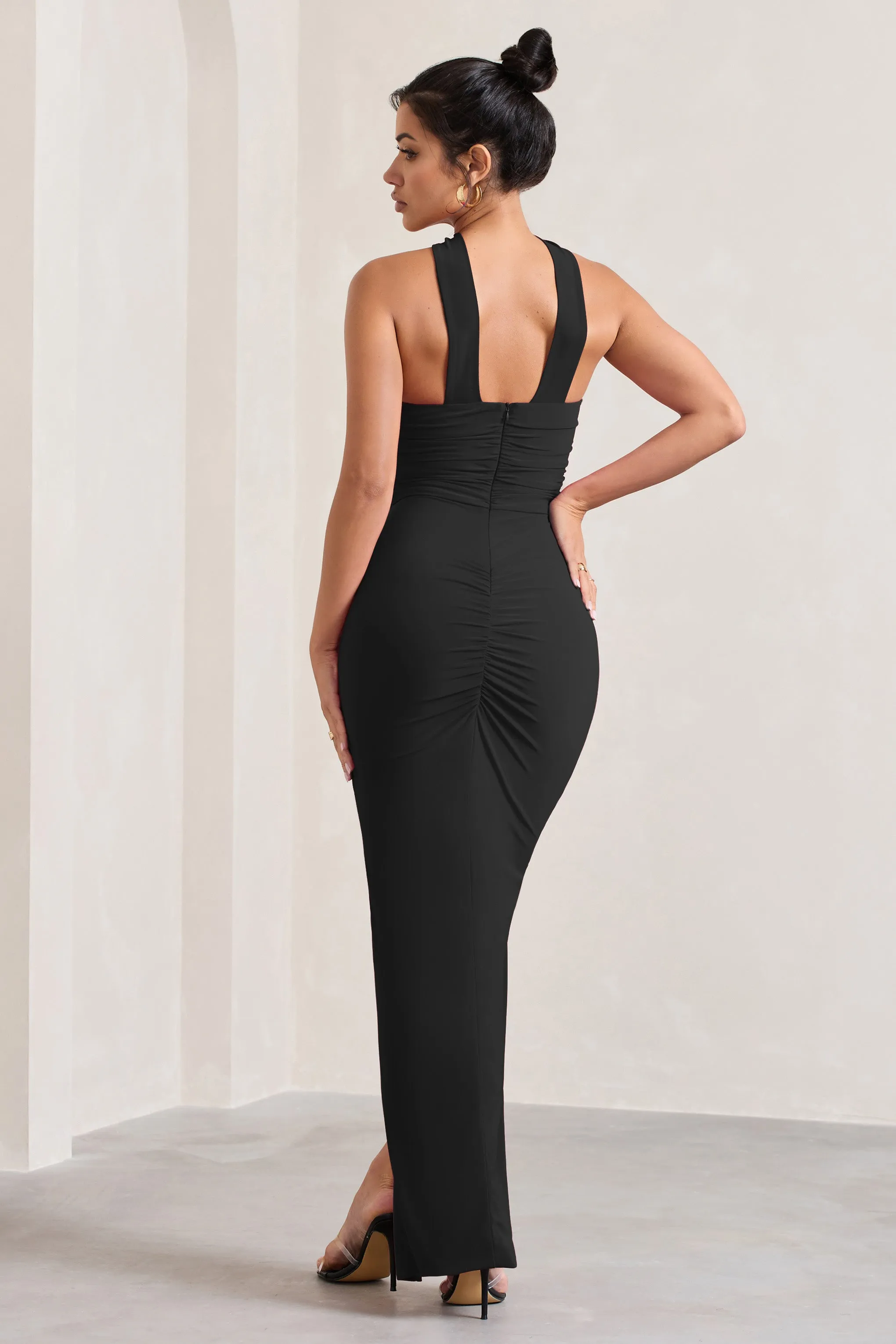 Paprika | Black Ruched Halter-Neck Bandeau Maxi Dress sold by Club L London product image thumbnail 2