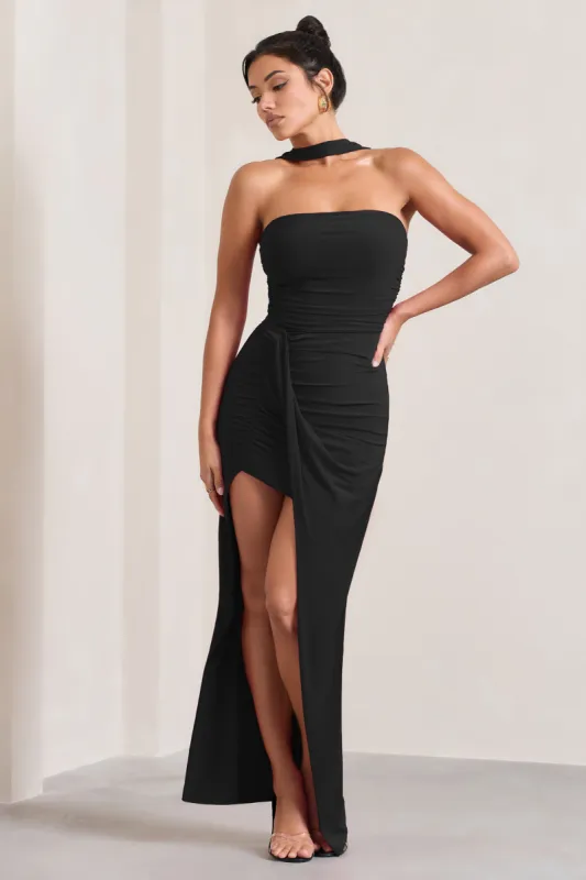 Paprika | Black Ruched Halter-Neck Bandeau Maxi Dress sold by Club L London