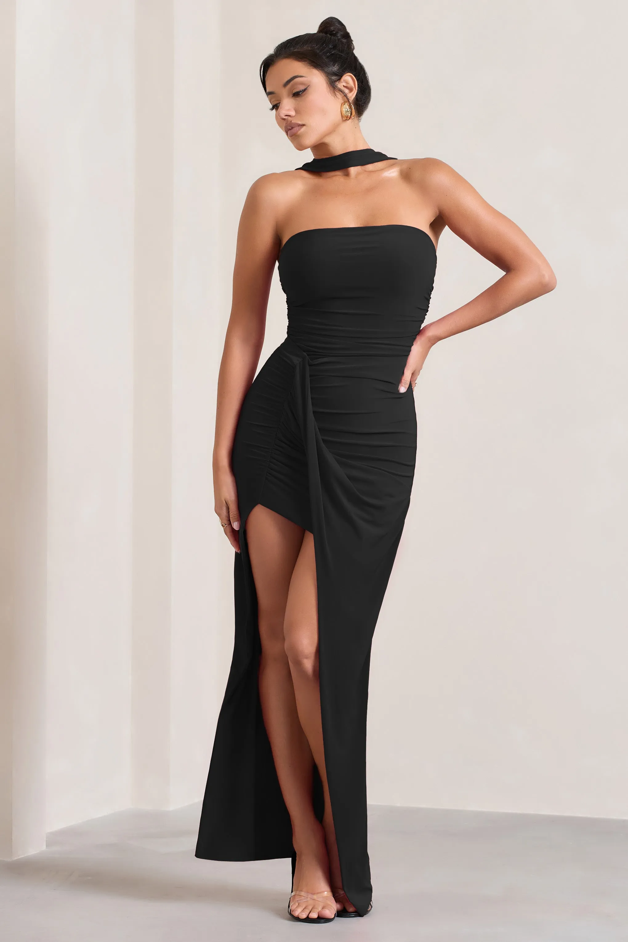 Paprika | Black Ruched Halter-Neck Bandeau Maxi Dress sold by Club L London
