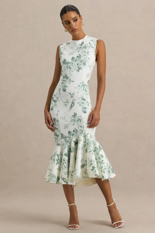 Priceless | Green Porcelain Print Print High-Neck Fishtail Midi Dress made by Club L London