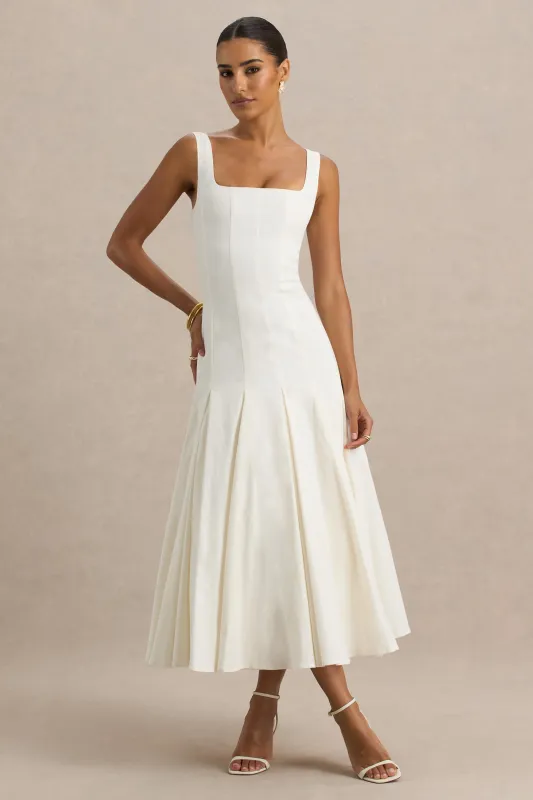 Magnolia | White Scoop-Neck Midi Dress With Drop-Waist And Ruffling Detail sold by Club L London