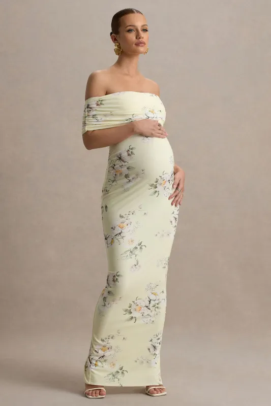 Cindy | Lemon Floral Bouquet Print Bardot-Neck Maternity Maxi Dress With Ruched Detail sold by Club L London