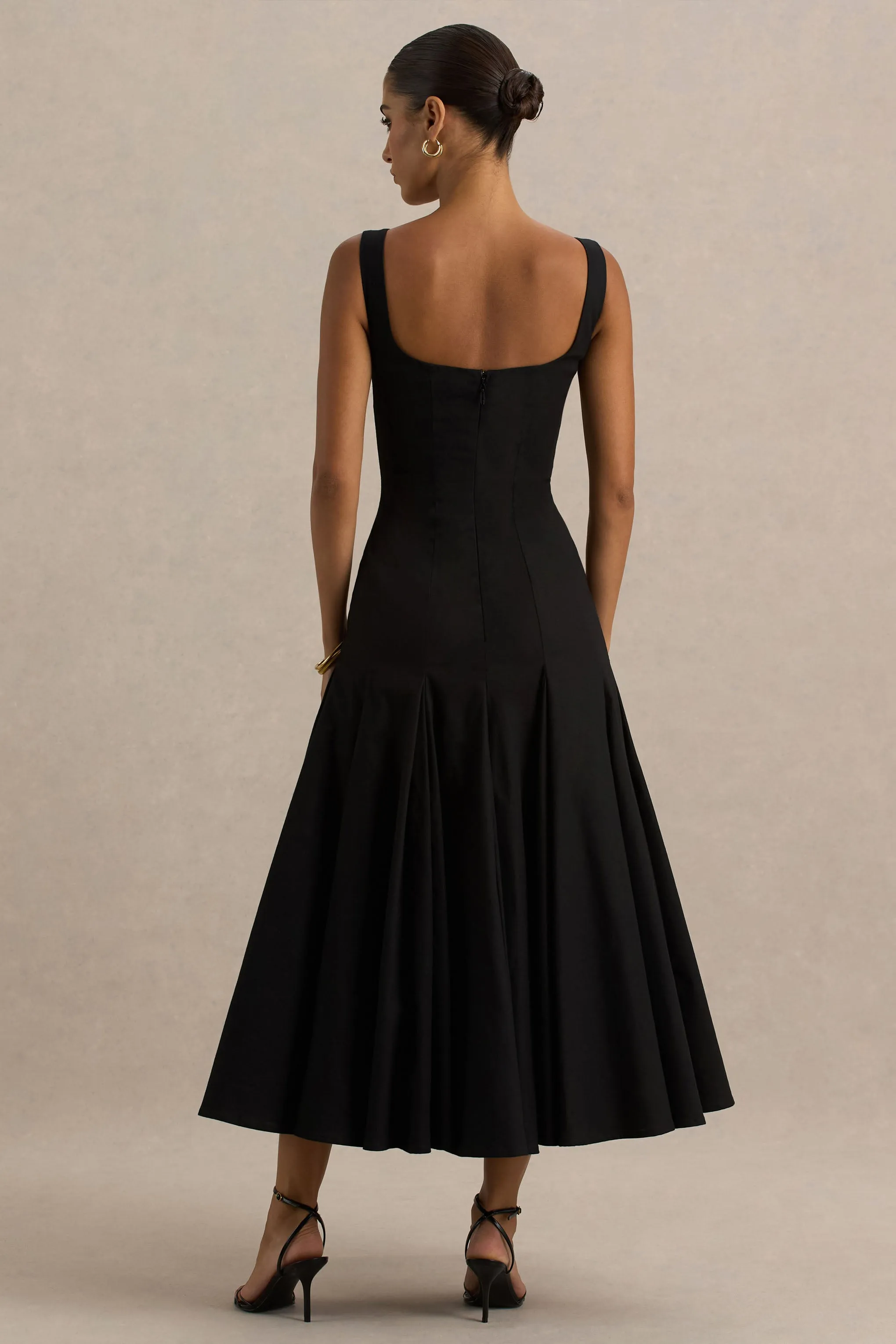 Magnolia | Black Scoop-Neck Midi Dress With Drop-Waist And Ruffling Detail sold by Club L London product image thumbnail 2