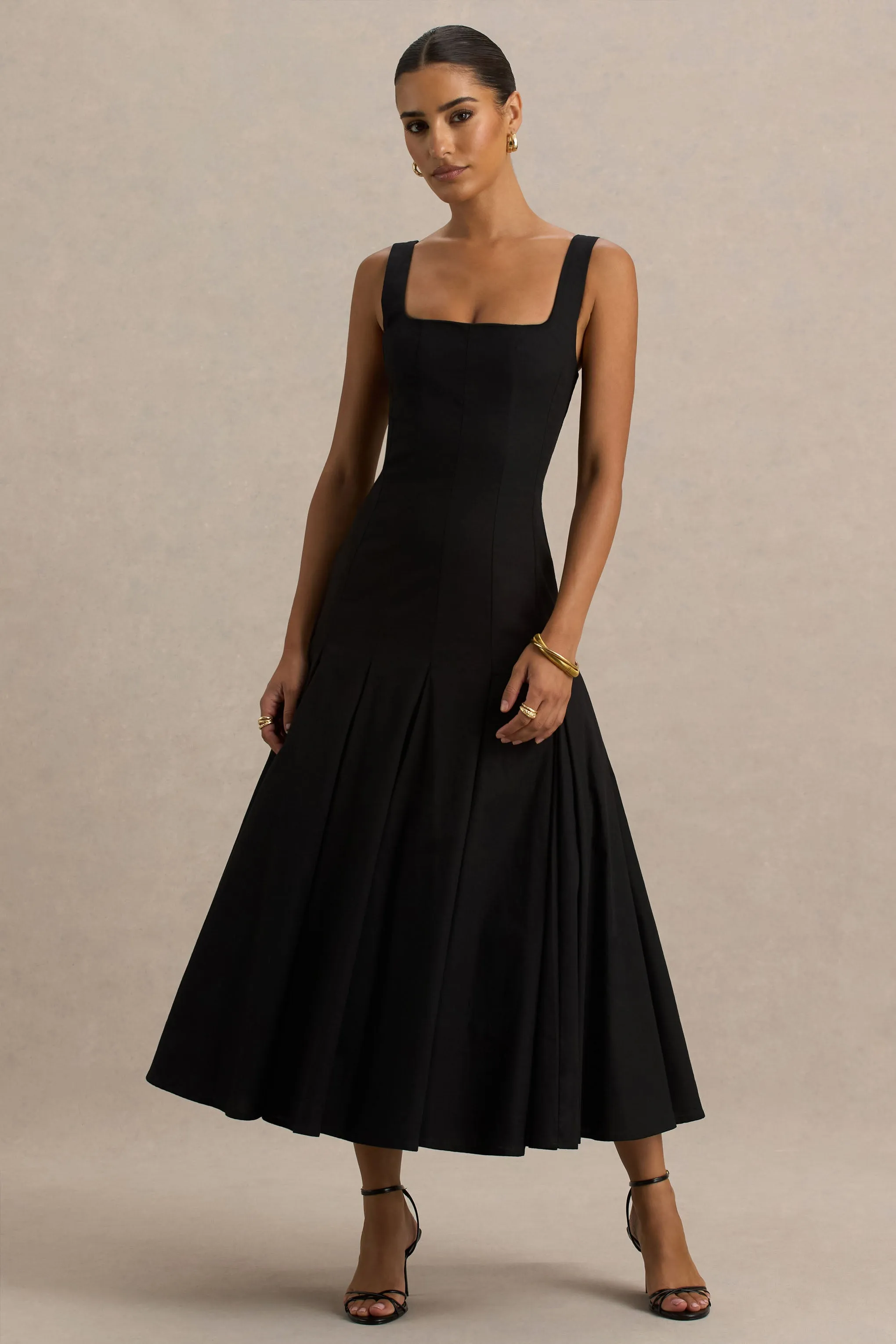 Magnolia | Black Scoop-Neck Midi Dress With Drop-Waist And Ruffling Detail sold by Club L London product image thumbnail 5