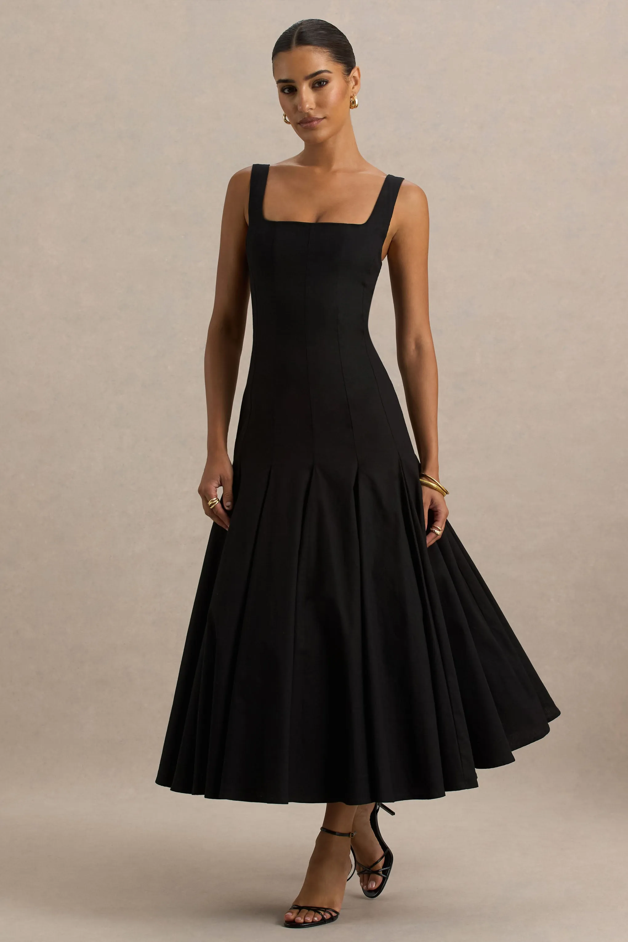Magnolia | Black Scoop-Neck Midi Dress With Drop-Waist And Ruffling Detail sold by Club L London