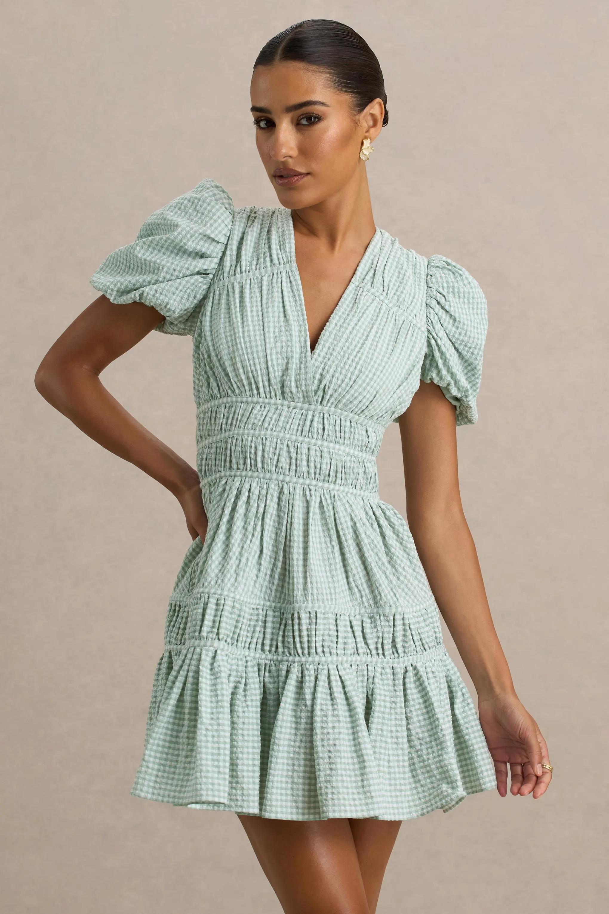 Laurelle | Green Extreme Plunge-Neck Mini Dress With Ruffling Detail sold by Club L London product image thumbnail 5