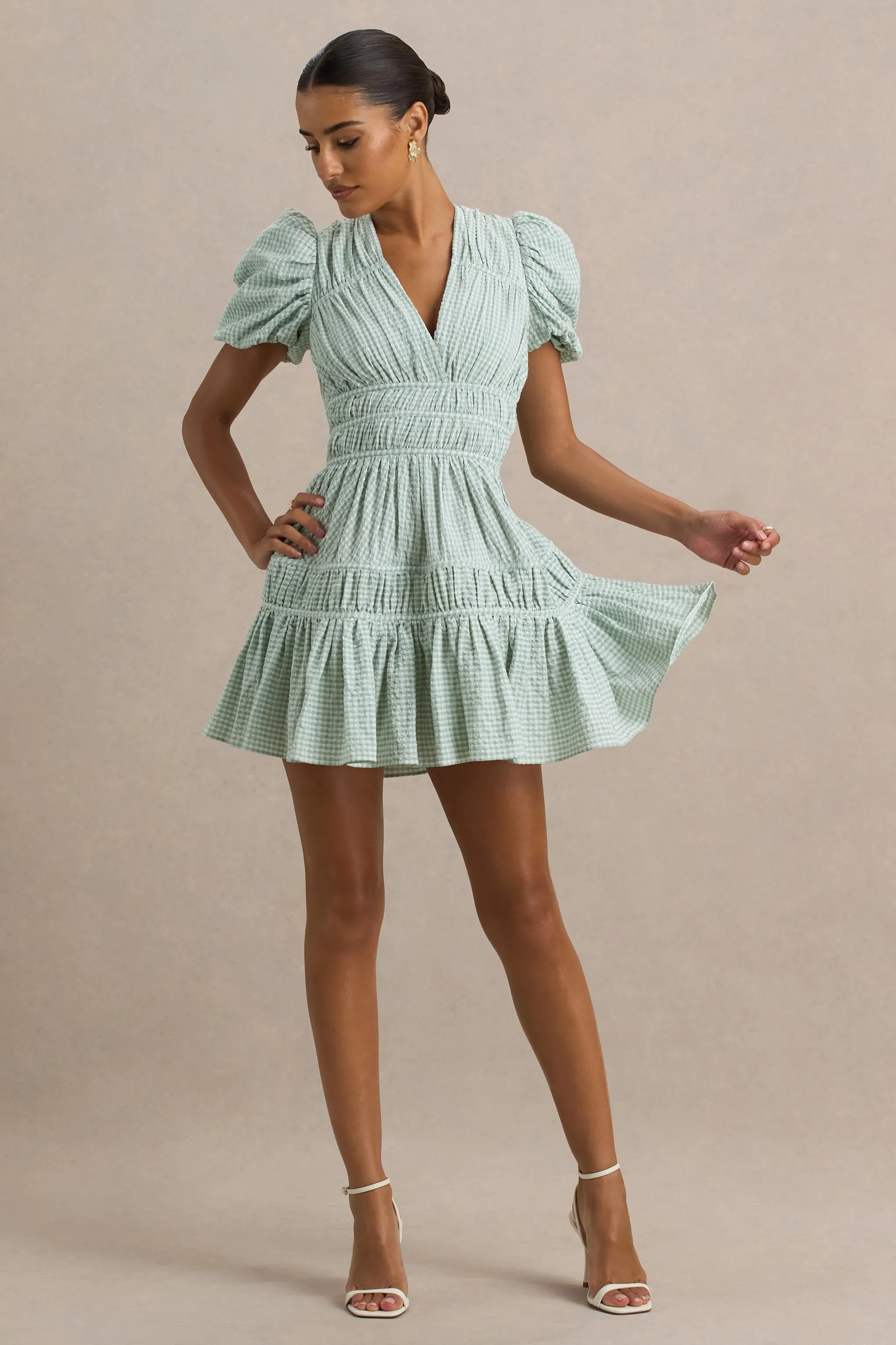 Laurelle | Green Extreme Plunge-Neck Mini Dress With Ruffling Detail sold by Club L London product image thumbnail 3