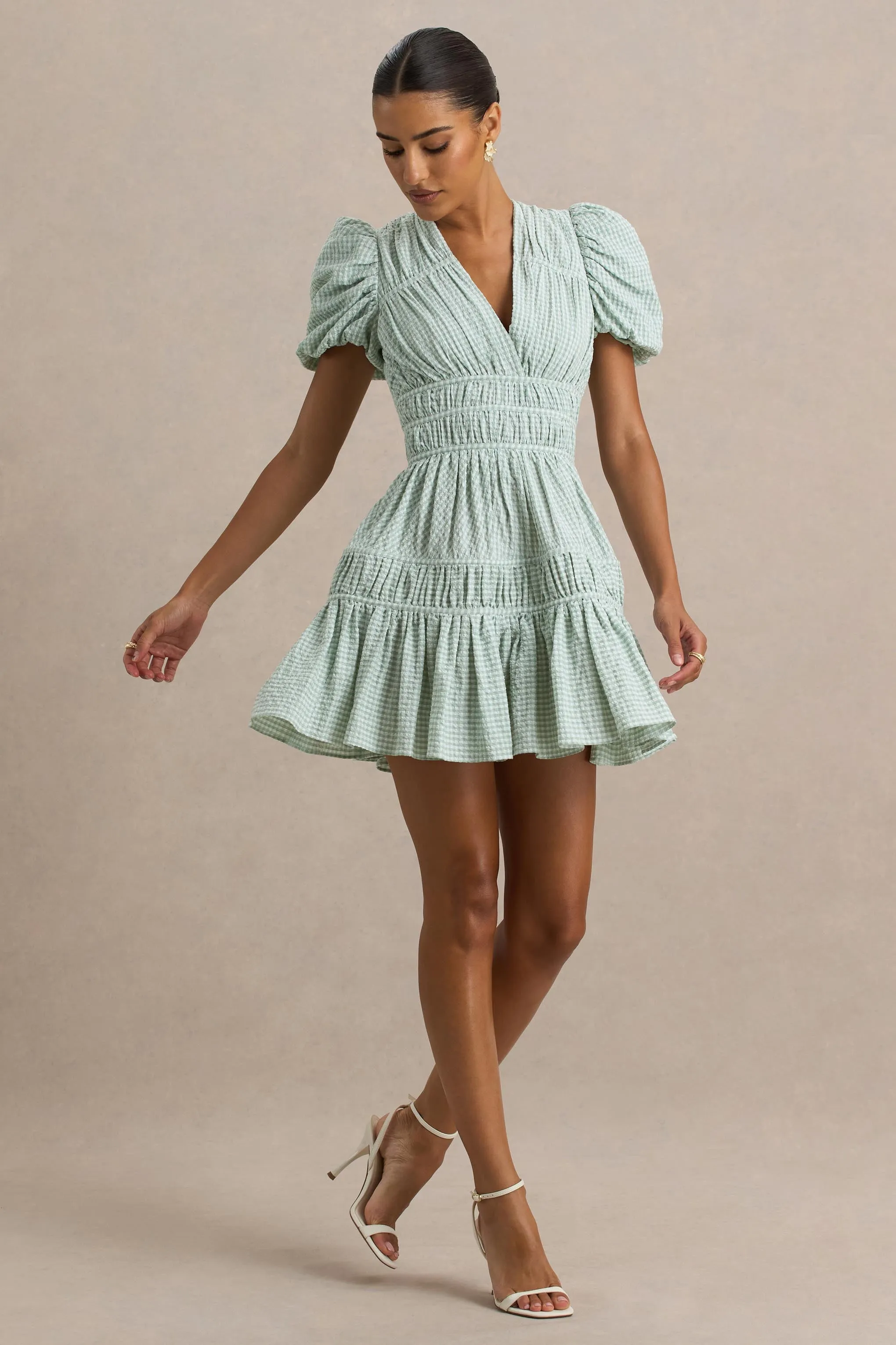Laurelle | Green Extreme Plunge-Neck Mini Dress With Ruffling Detail sold by Club L London product image thumbnail 4