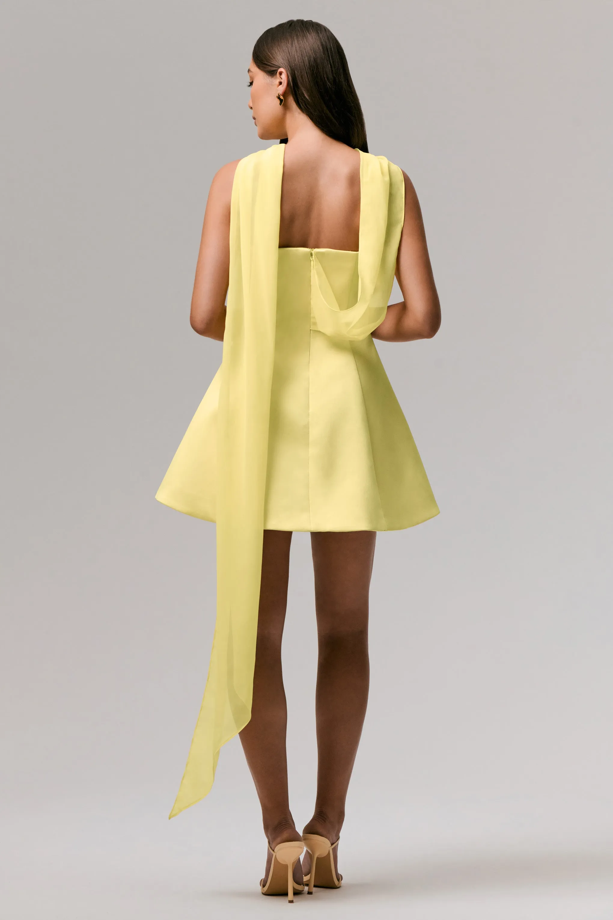 Love Me | Lemon Satin Skater Mini Dress With Chiffon Scarf sold by Club L London product image thumbnail 2