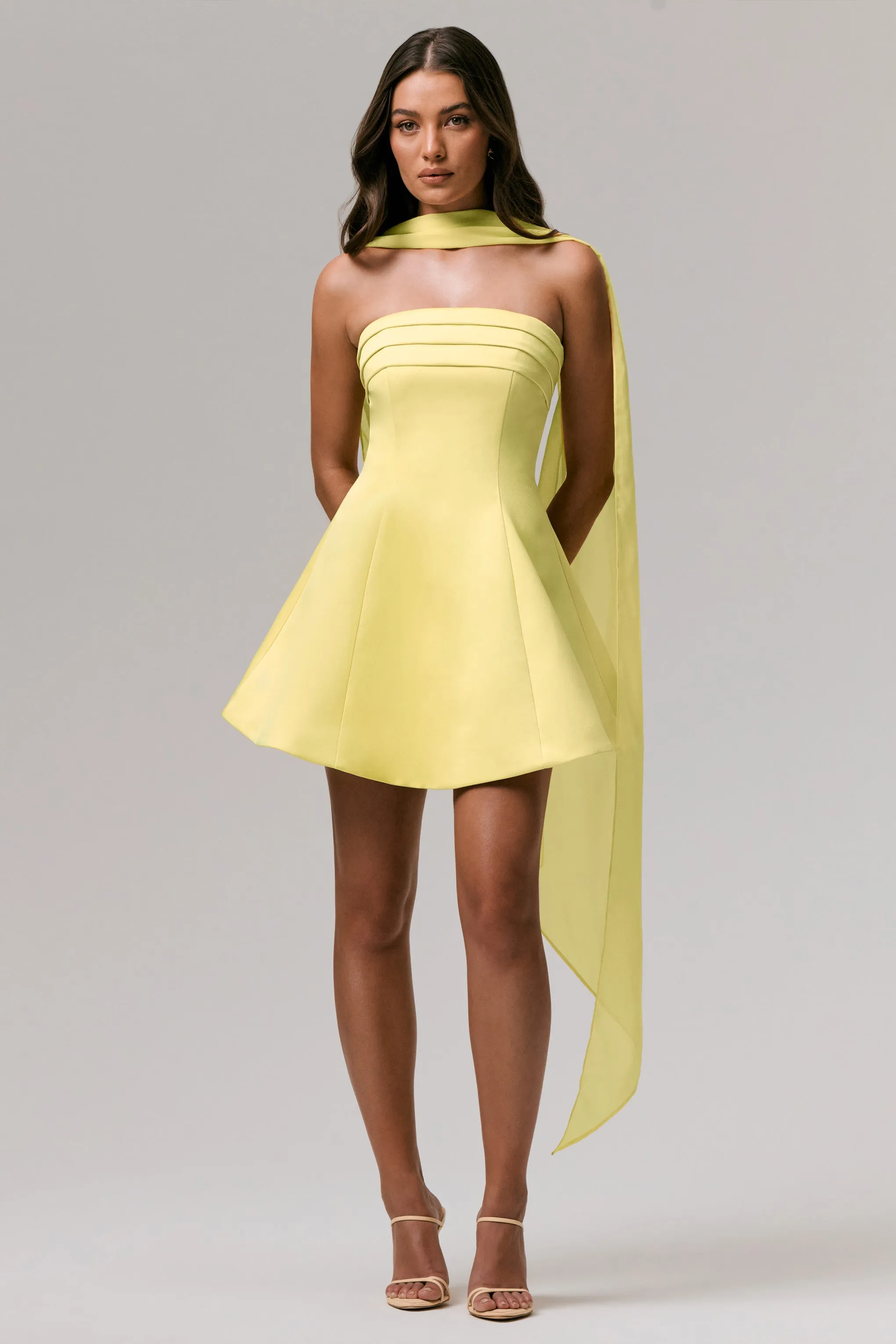 Love Me | Lemon Satin Skater Mini Dress With Chiffon Scarf sold by Club L London