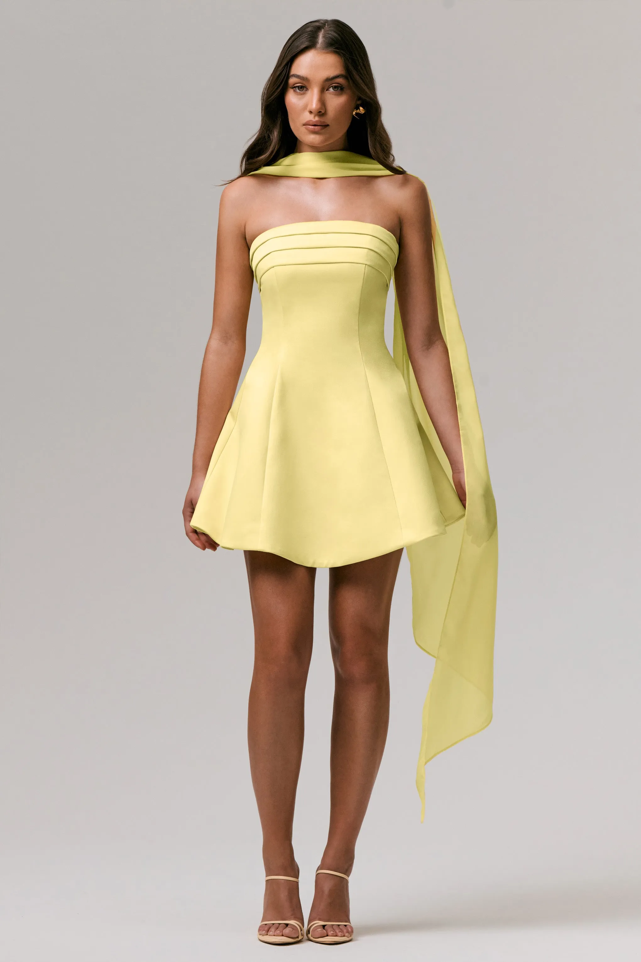 Love Me | Lemon Satin Skater Mini Dress With Chiffon Scarf sold by Club L London product image thumbnail 3