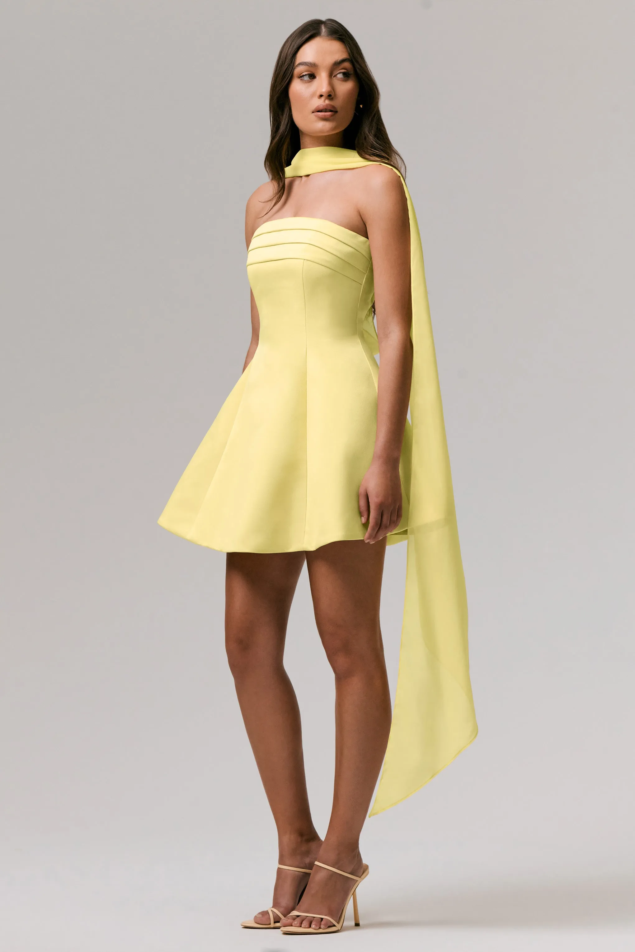Love Me | Lemon Satin Skater Mini Dress With Chiffon Scarf sold by Club L London product image thumbnail 4
