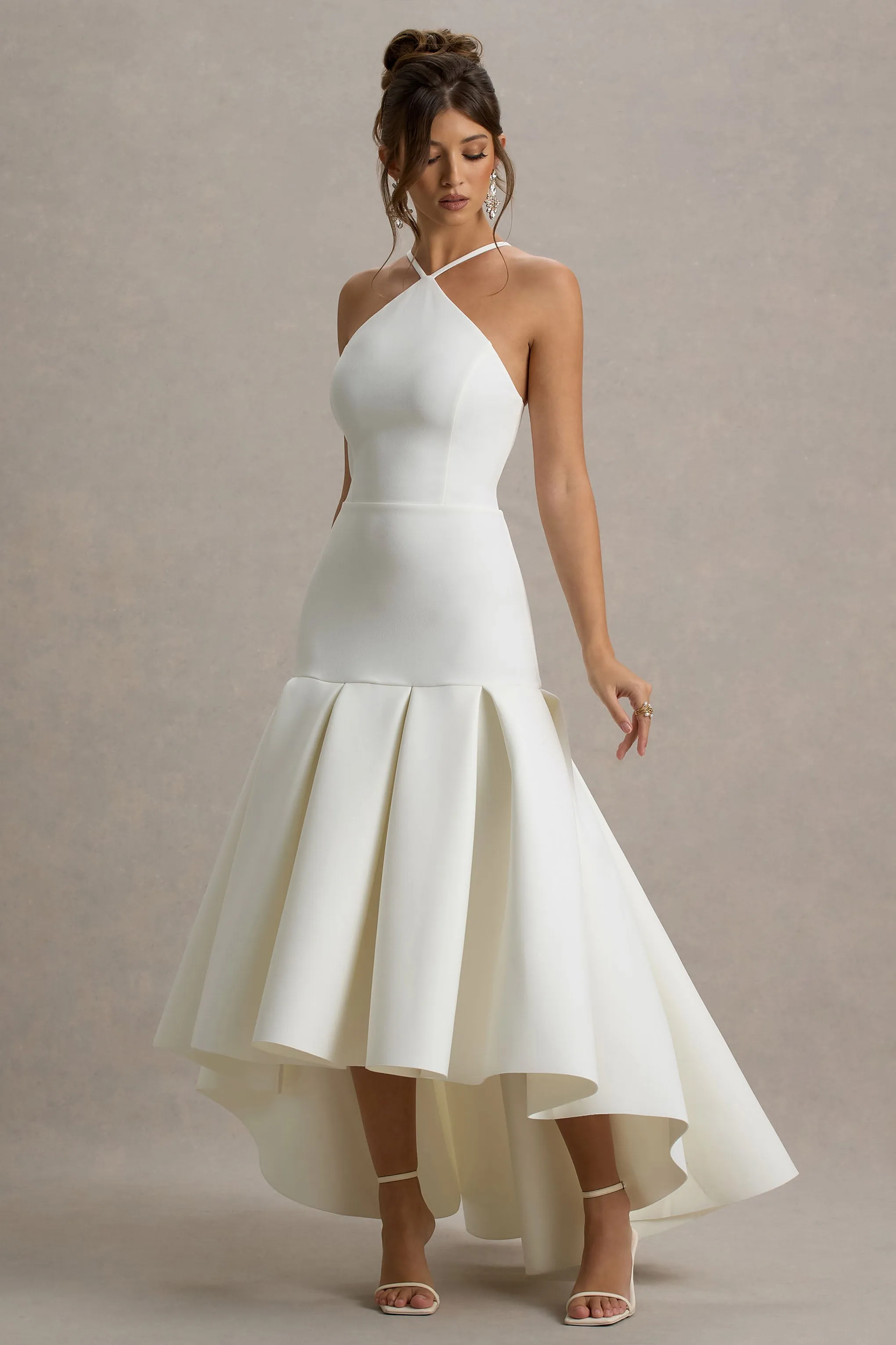 Mavis | Cream Halter-Neck Maxi Dress With High-Low Skirt sold by Club L London