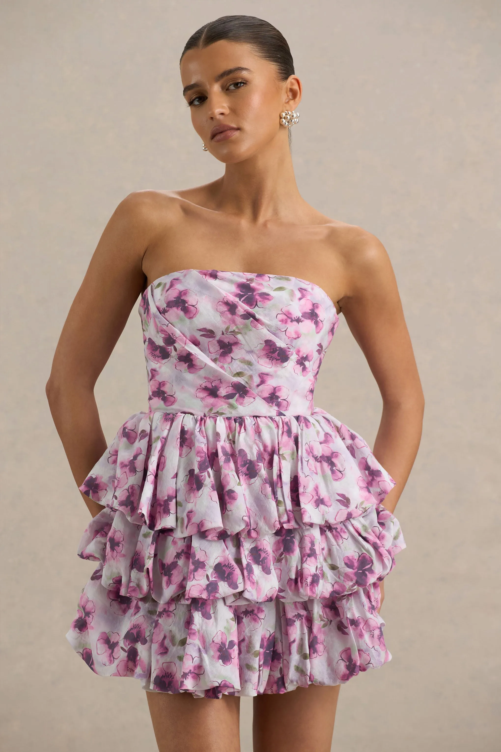 Swirl | Cream Floral Print Bandeau Puffball Mini Dress With Ruffle Detail sold by Club L London product image thumbnail 5