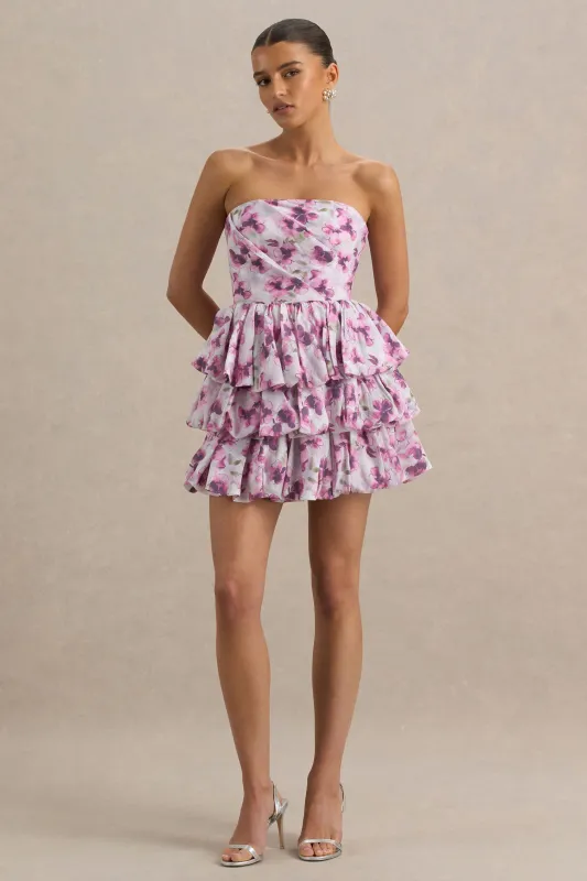 Swirl | Cream Floral Print Bandeau Puffball Mini Dress With Ruffle Detail sold by Club L London