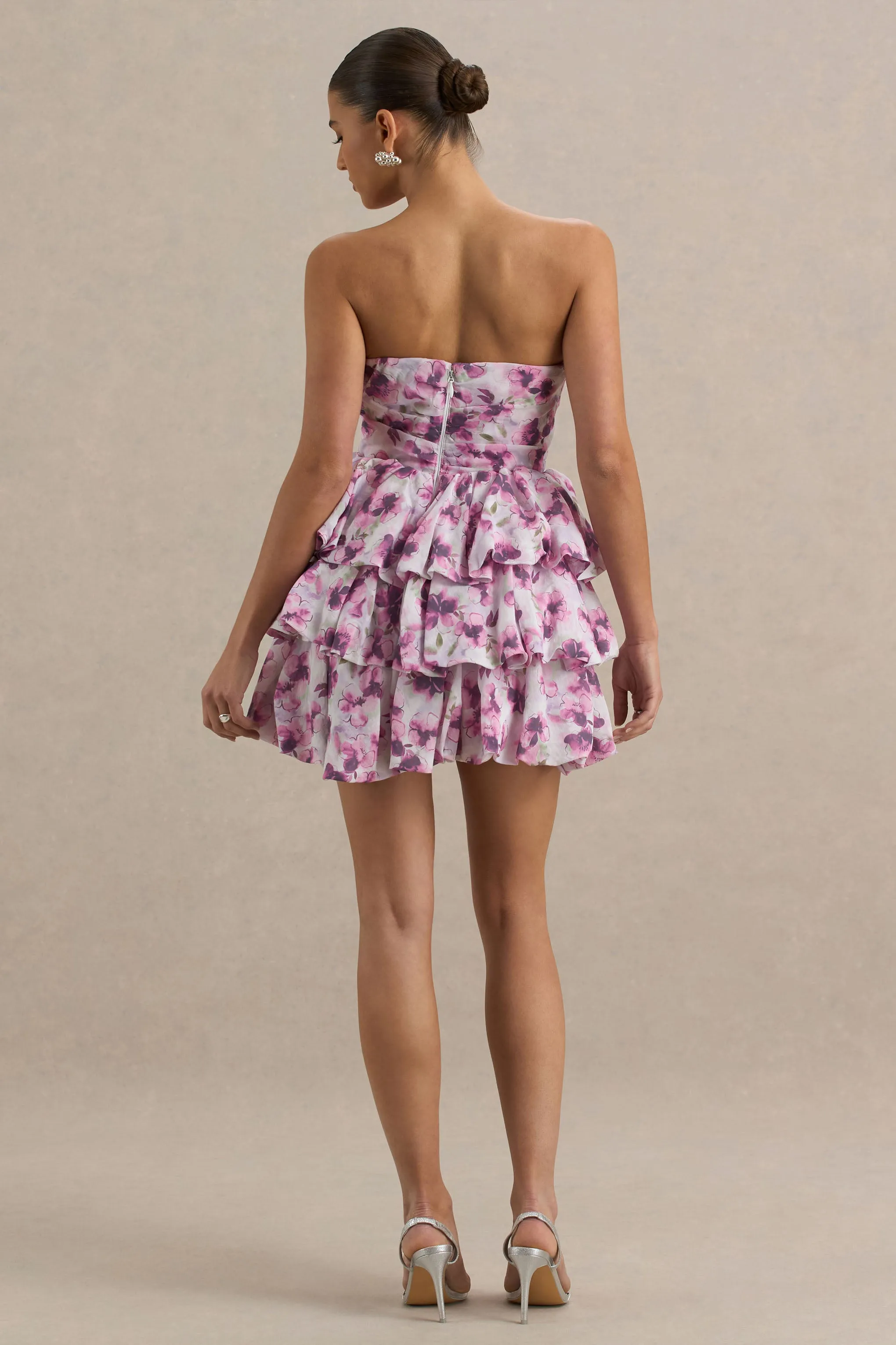 Swirl | Cream Floral Print Bandeau Puffball Mini Dress With Ruffle Detail sold by Club L London product image thumbnail 2