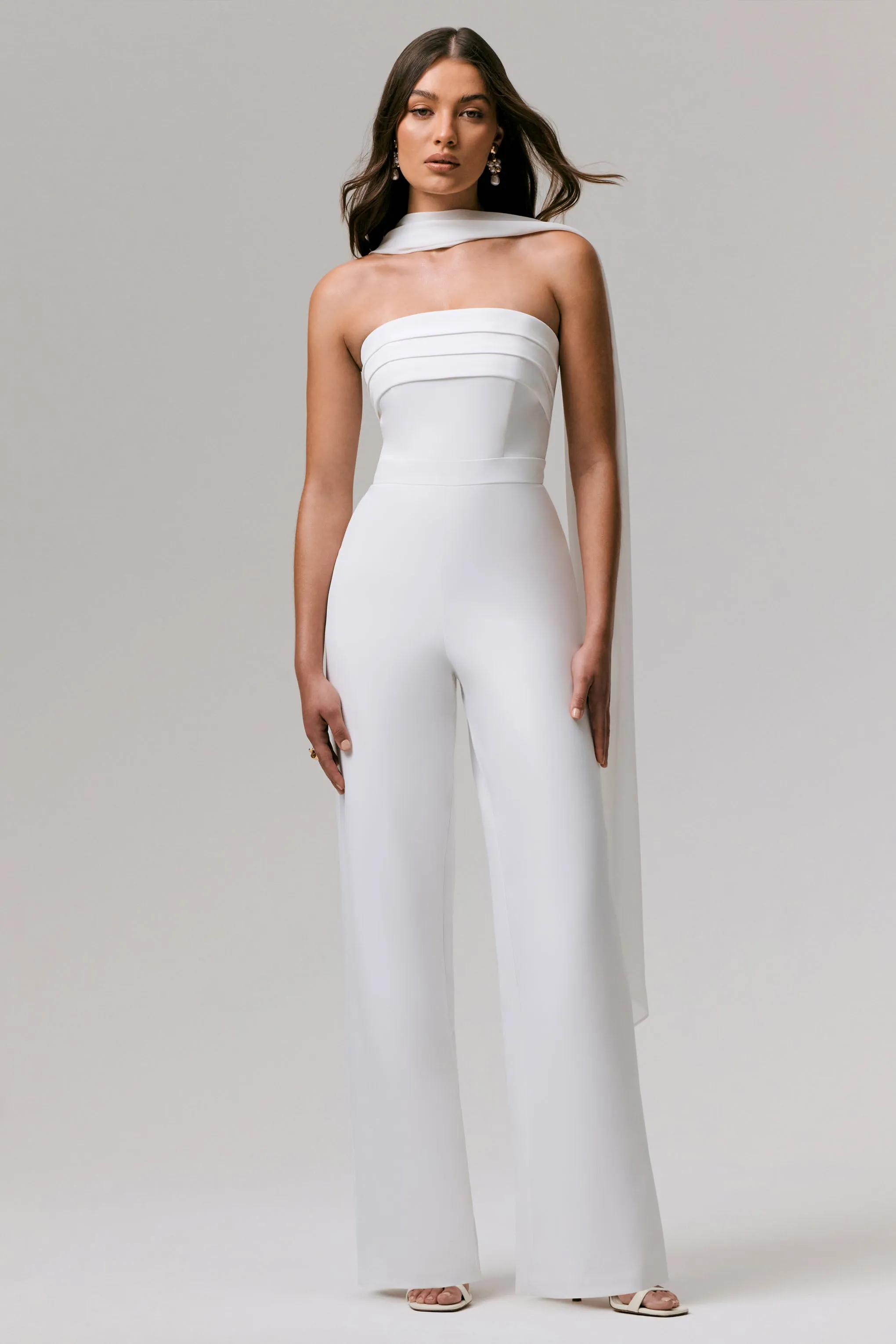 Enchanted | White High-Neck Jumpsuit With Scarf sold by Club L London