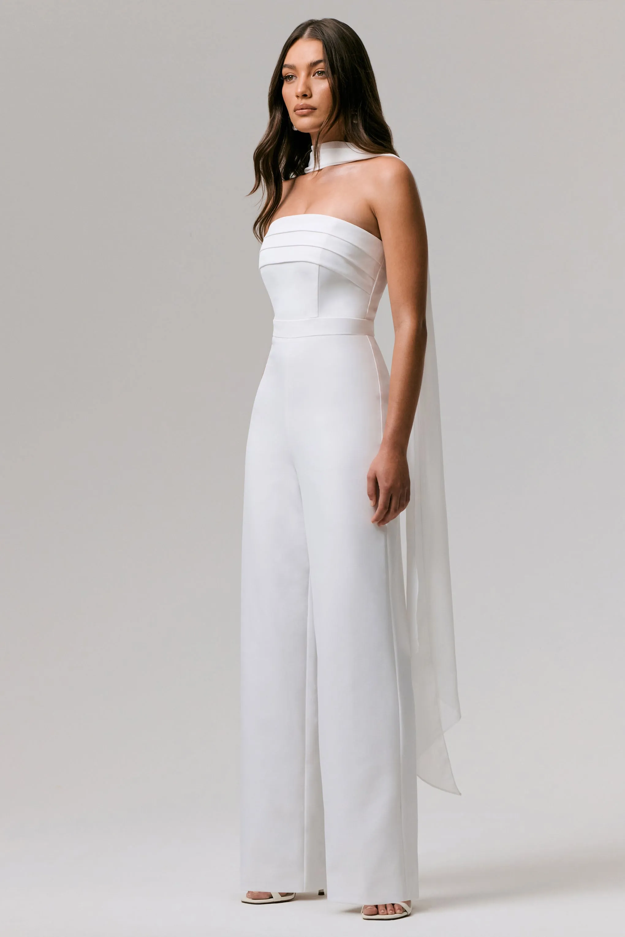 Enchanted | White High-Neck Jumpsuit With Scarf sold by Club L London product image thumbnail 4