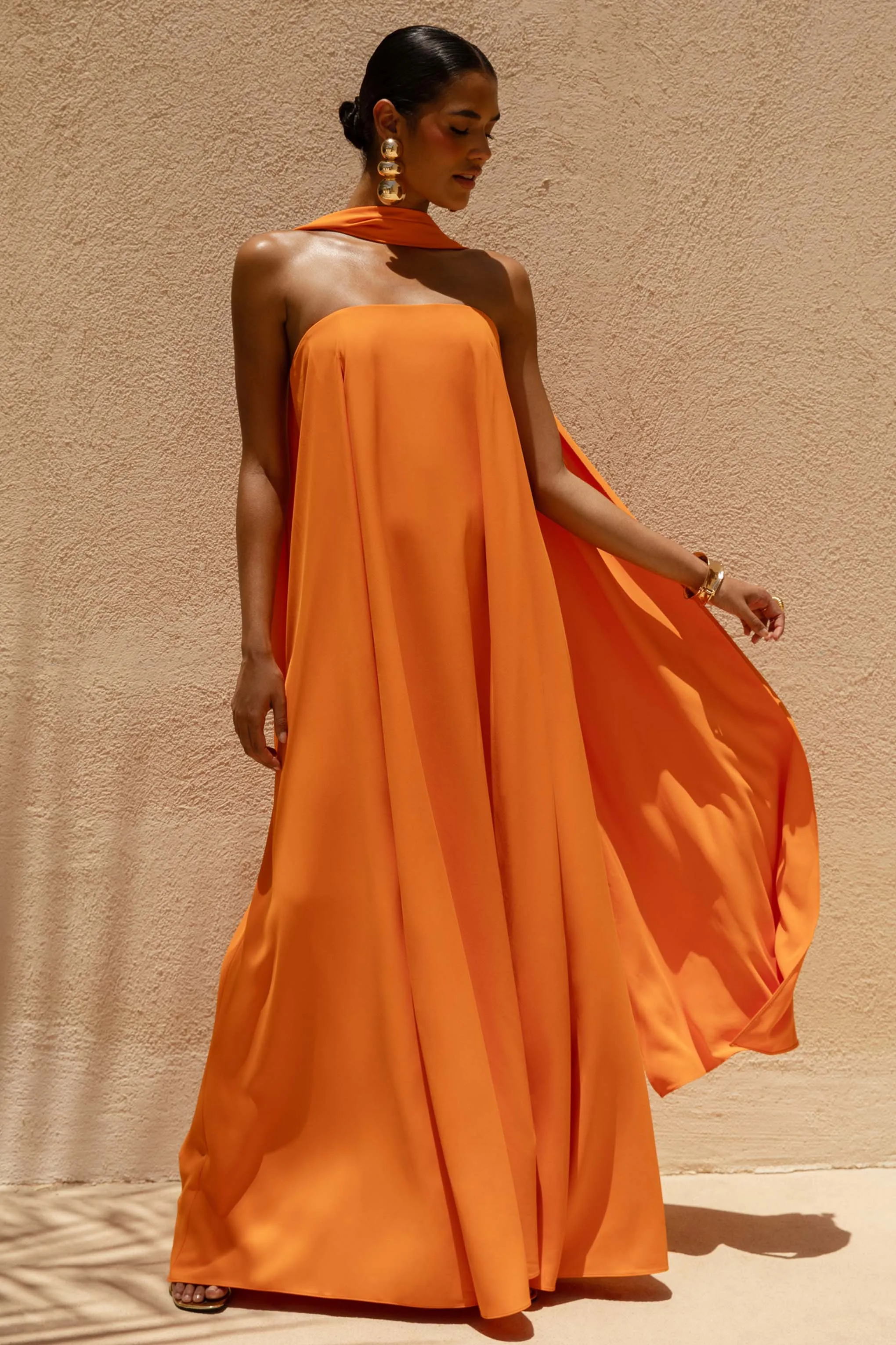 Cerise | Orange High-Neck Maxi Dress With Open-Back sold by Club L London