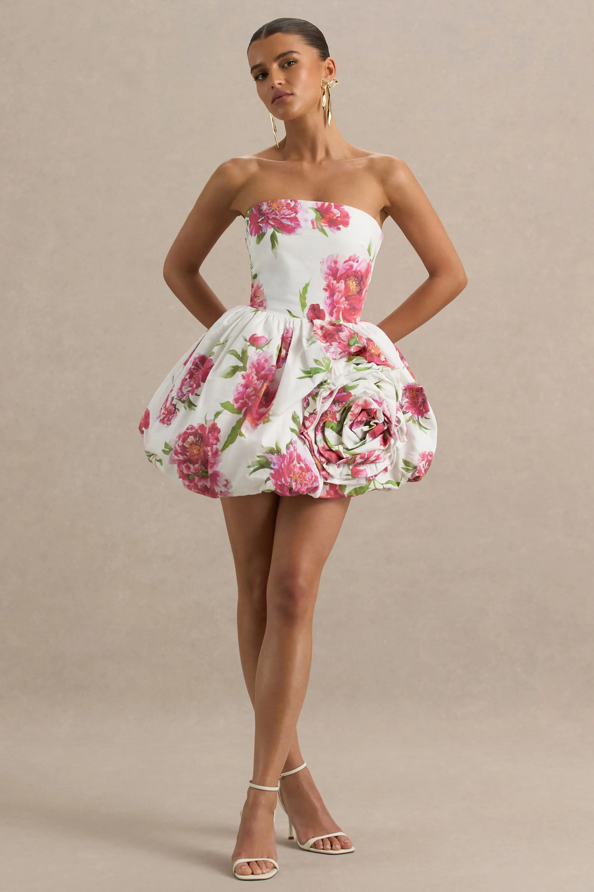 Adira | Cream Floral Print Bandeau Puffball Mini Dress With Ruffle Detail sold by Club L London product image thumbnail 3