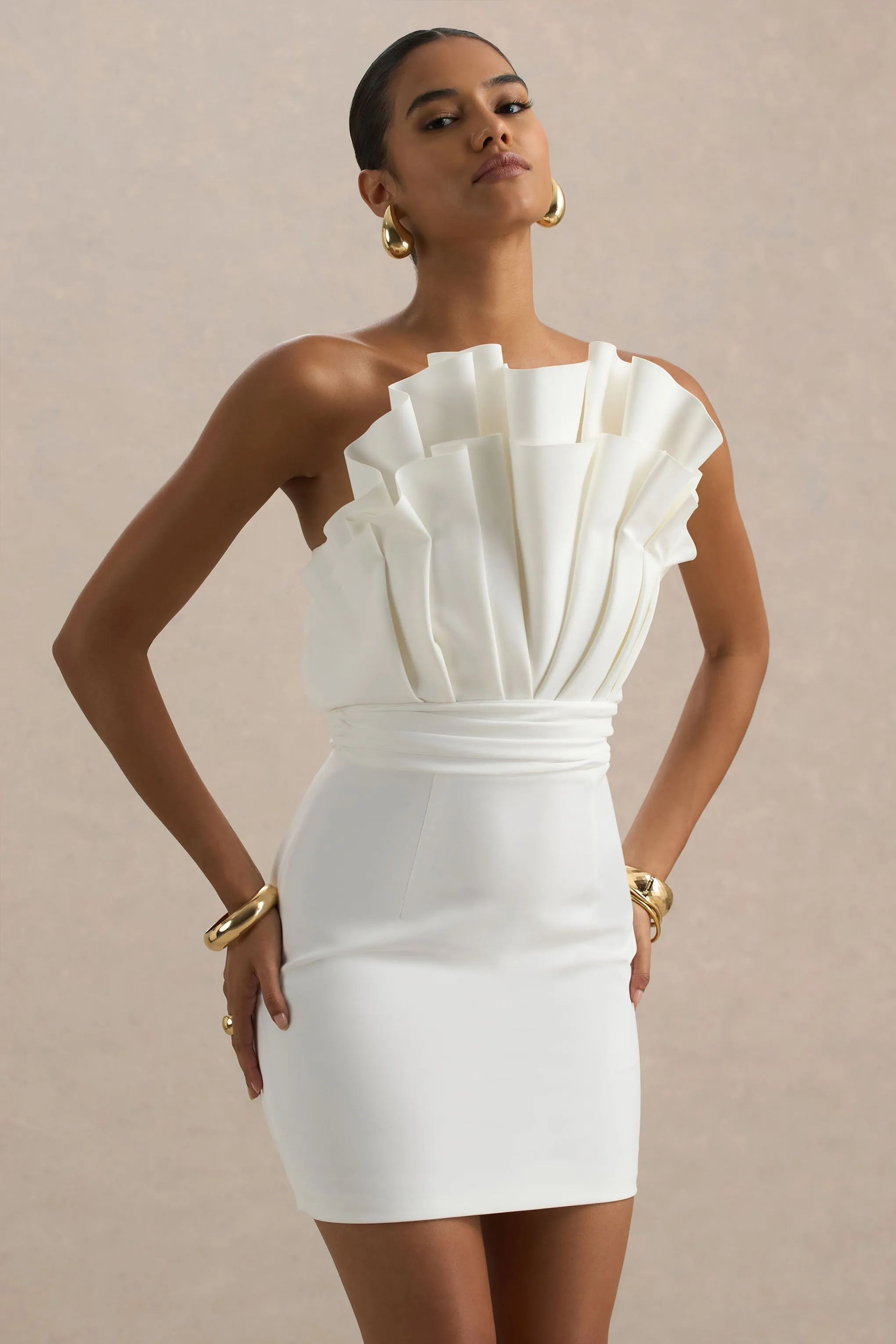 Pastoral | White Ruffled Asymmetric-Neck Mini Dress sold by Club L London product image thumbnail 5