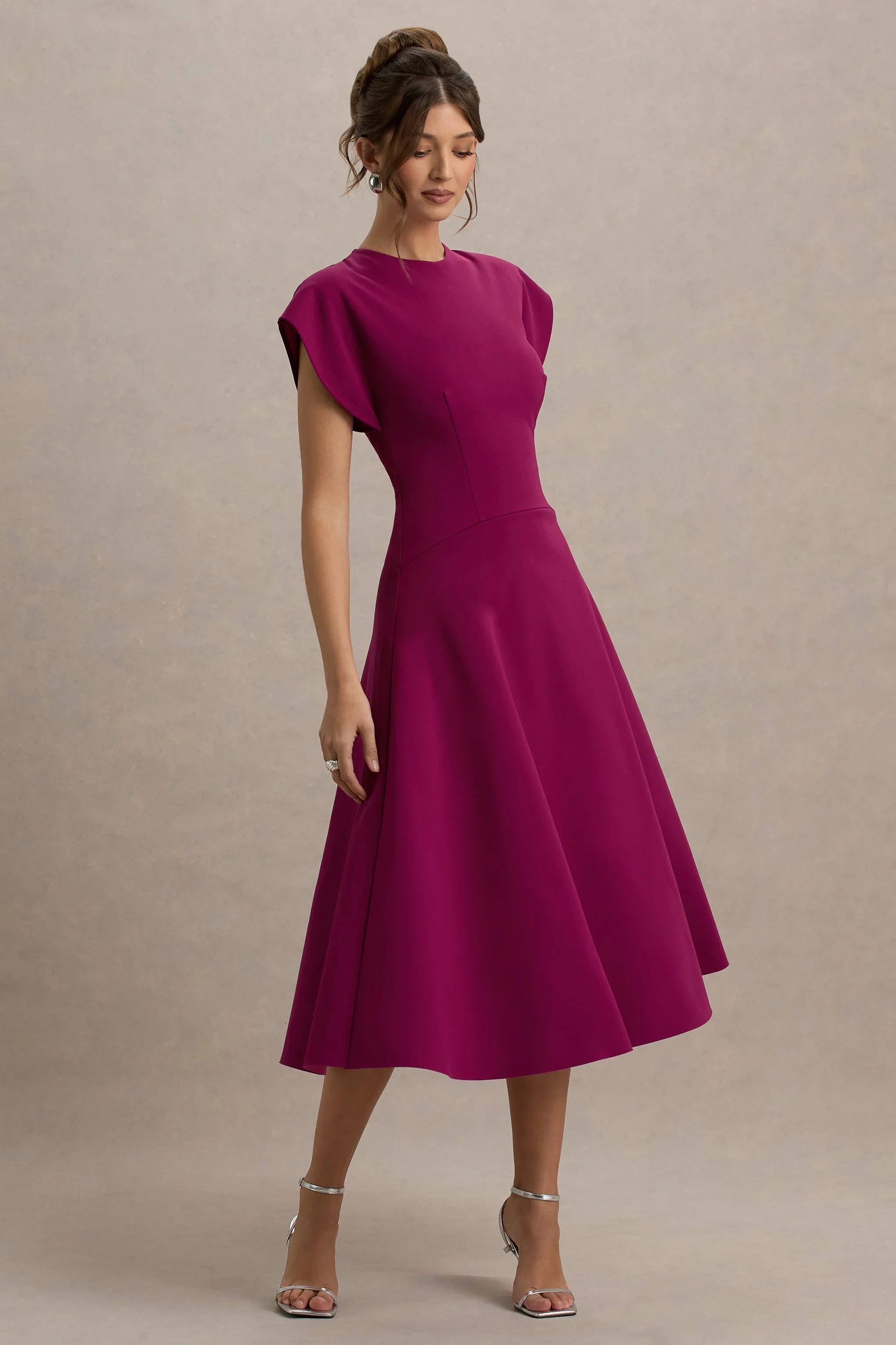Linda | Burgundy Crew-Neck Cap-Sleeve Midi Dress sold by Club L London product image thumbnail 5