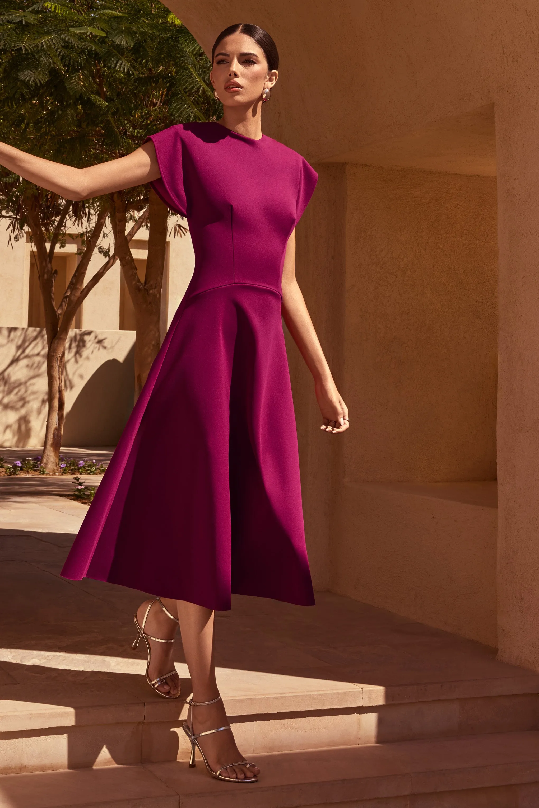 Linda | Burgundy Crew-Neck Cap-Sleeve Midi Dress sold by Club L London