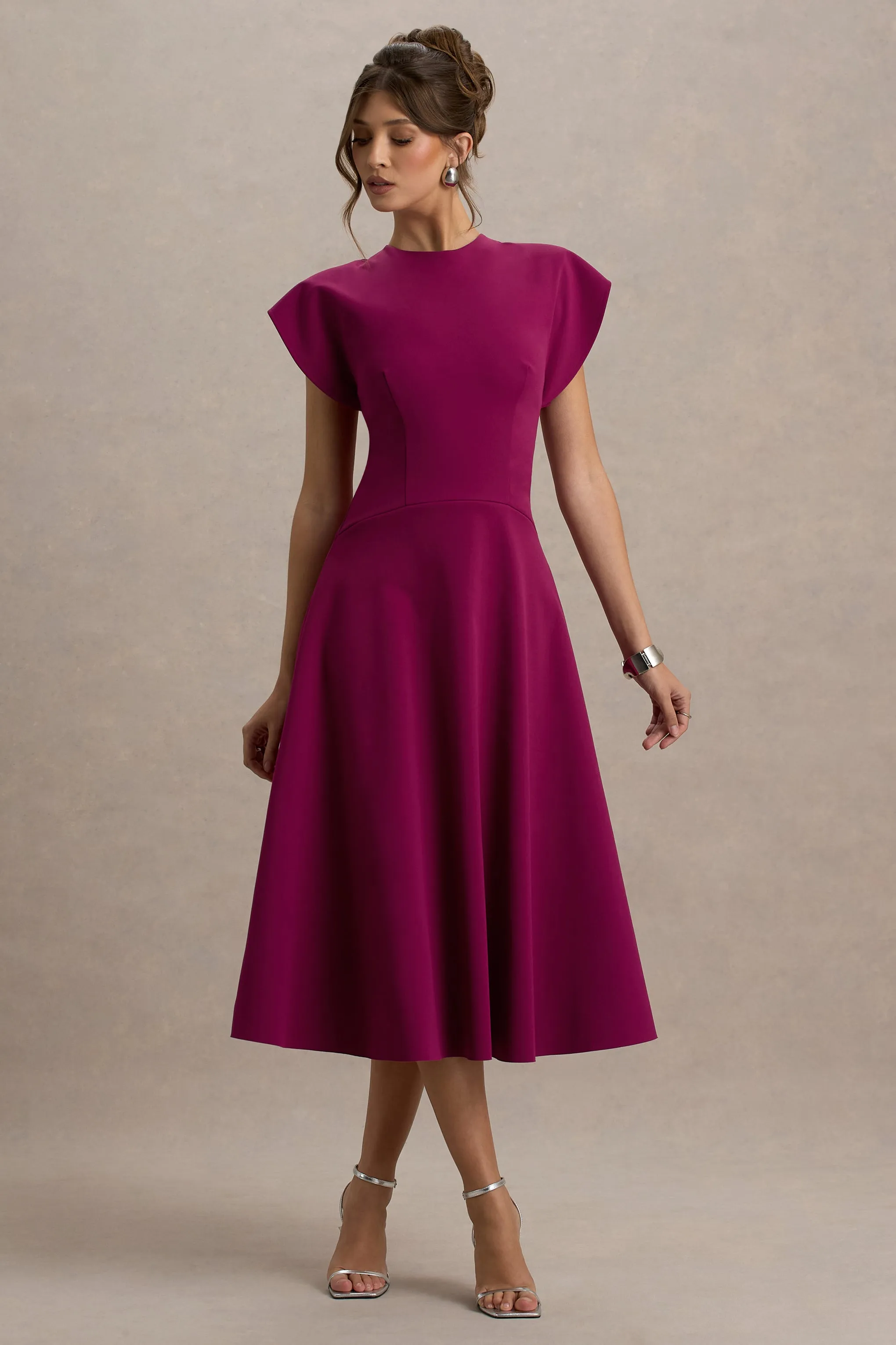 Linda | Burgundy Crew-Neck Cap-Sleeve Midi Dress sold by Club L London product image thumbnail 2