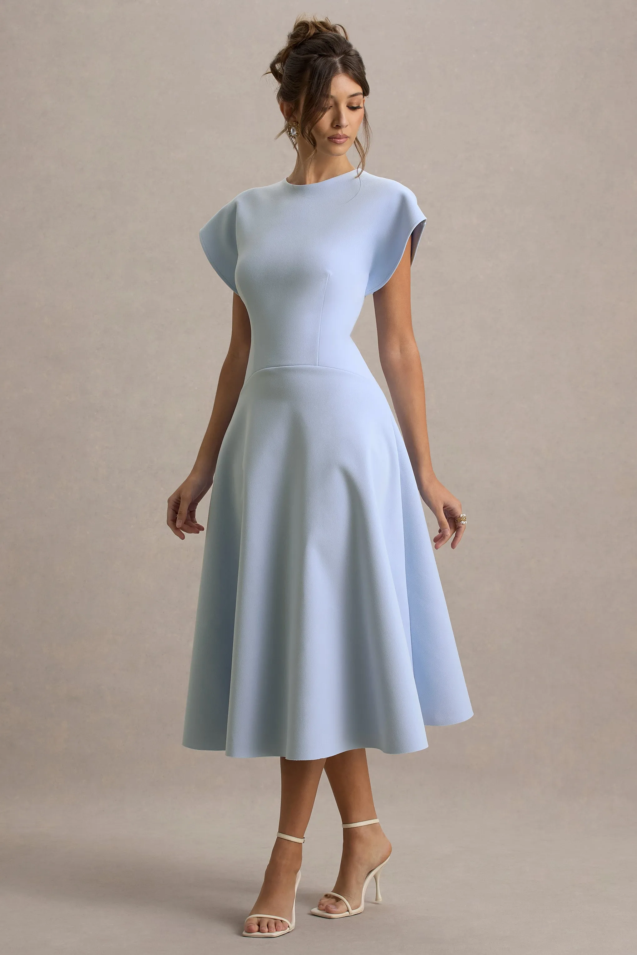 Linda | Powder Blue Crew-Neck Cap-Sleeve Midi Dress sold by Club L London