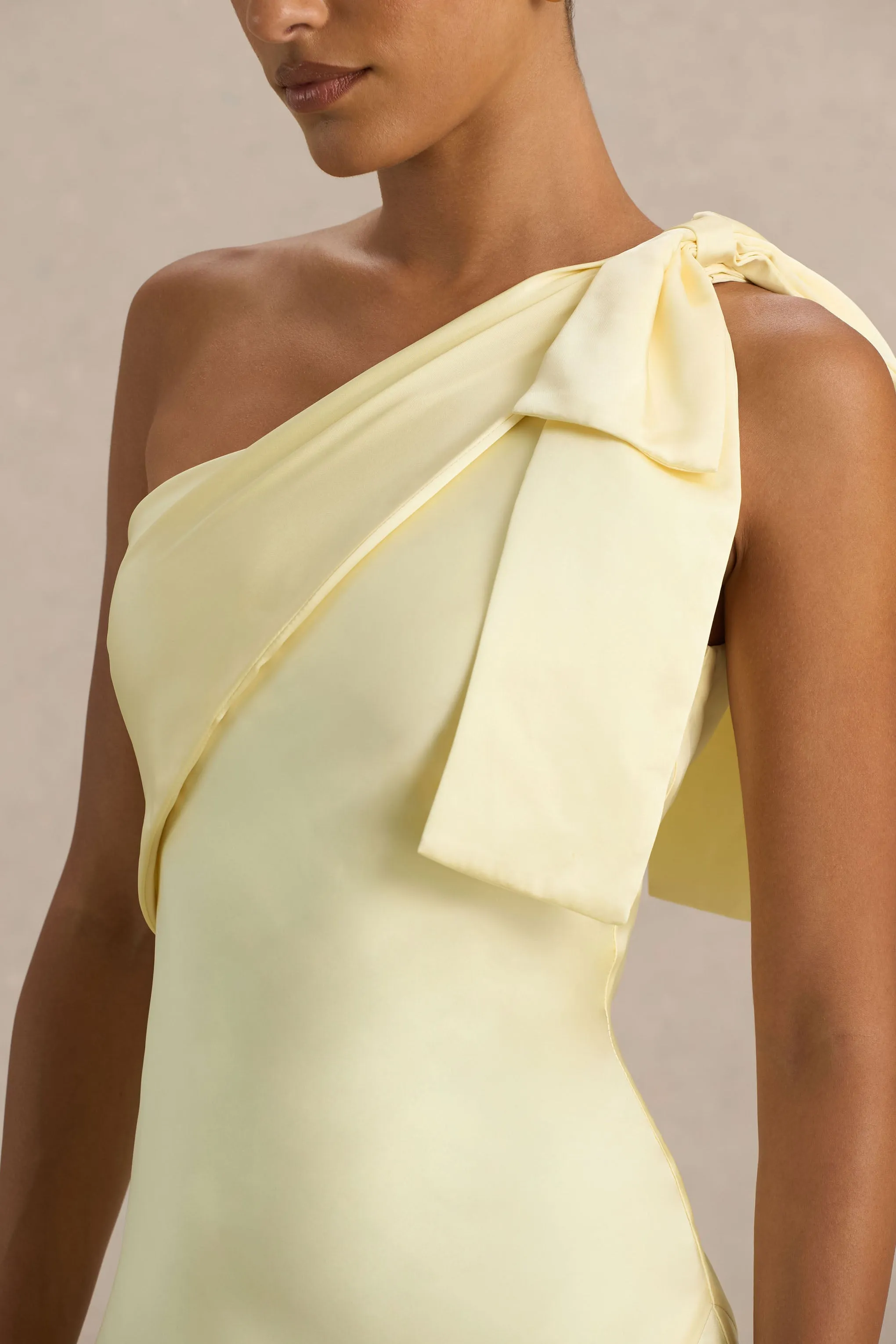Valerie | Lemon Satin Asymmetric-Neck Maxi Dress With Bow Detail sold by Club L London product image thumbnail 3
