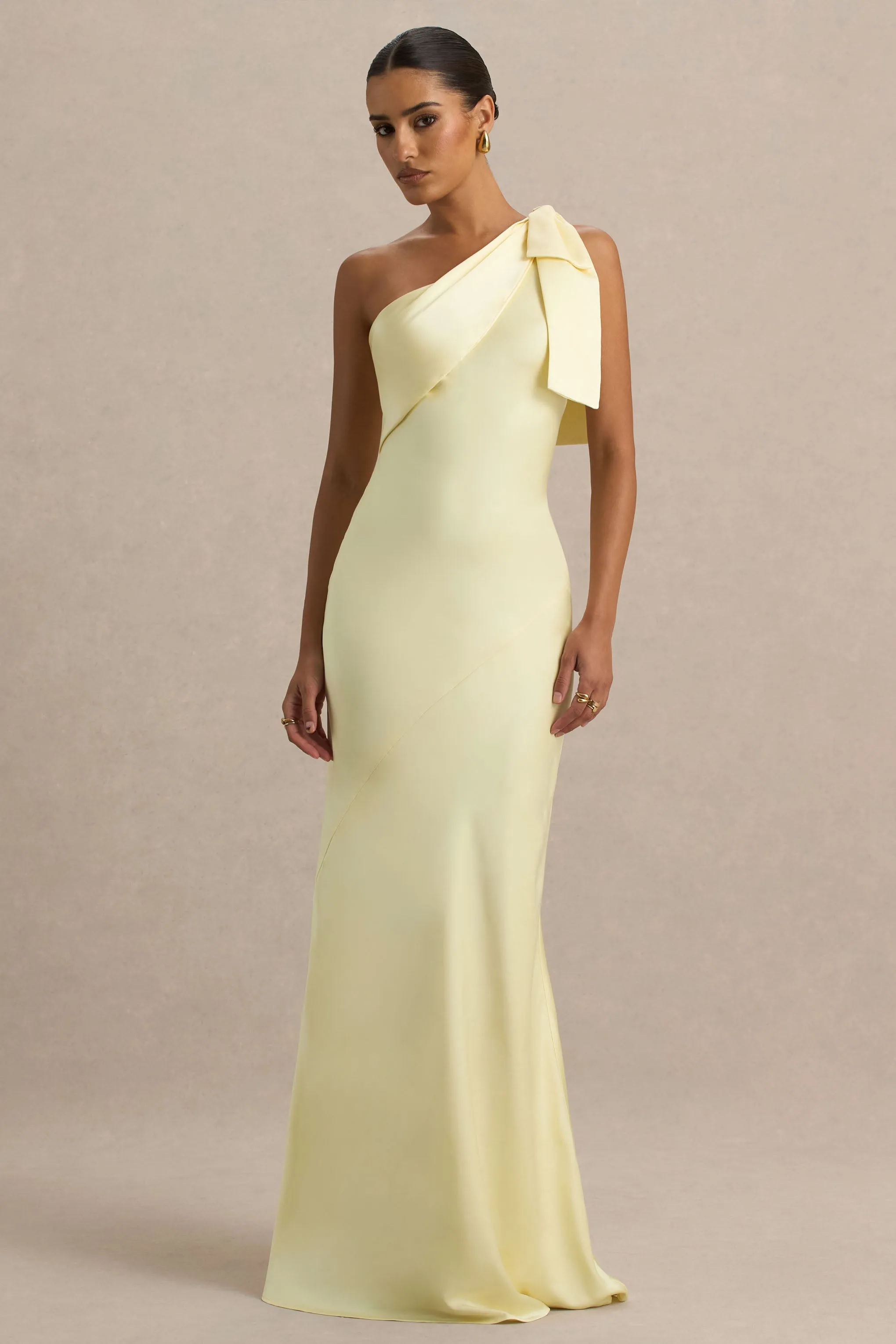 Valerie | Lemon Satin Asymmetric-Neck Maxi Dress With Bow Detail sold by Club L London product image thumbnail 4