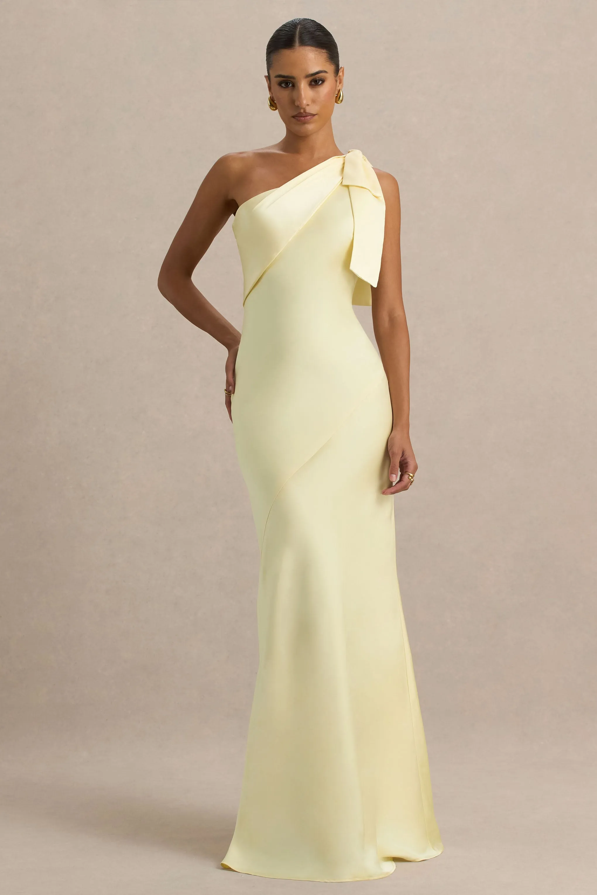 Valerie | Lemon Satin Asymmetric-Neck Maxi Dress With Bow Detail sold by Club L London