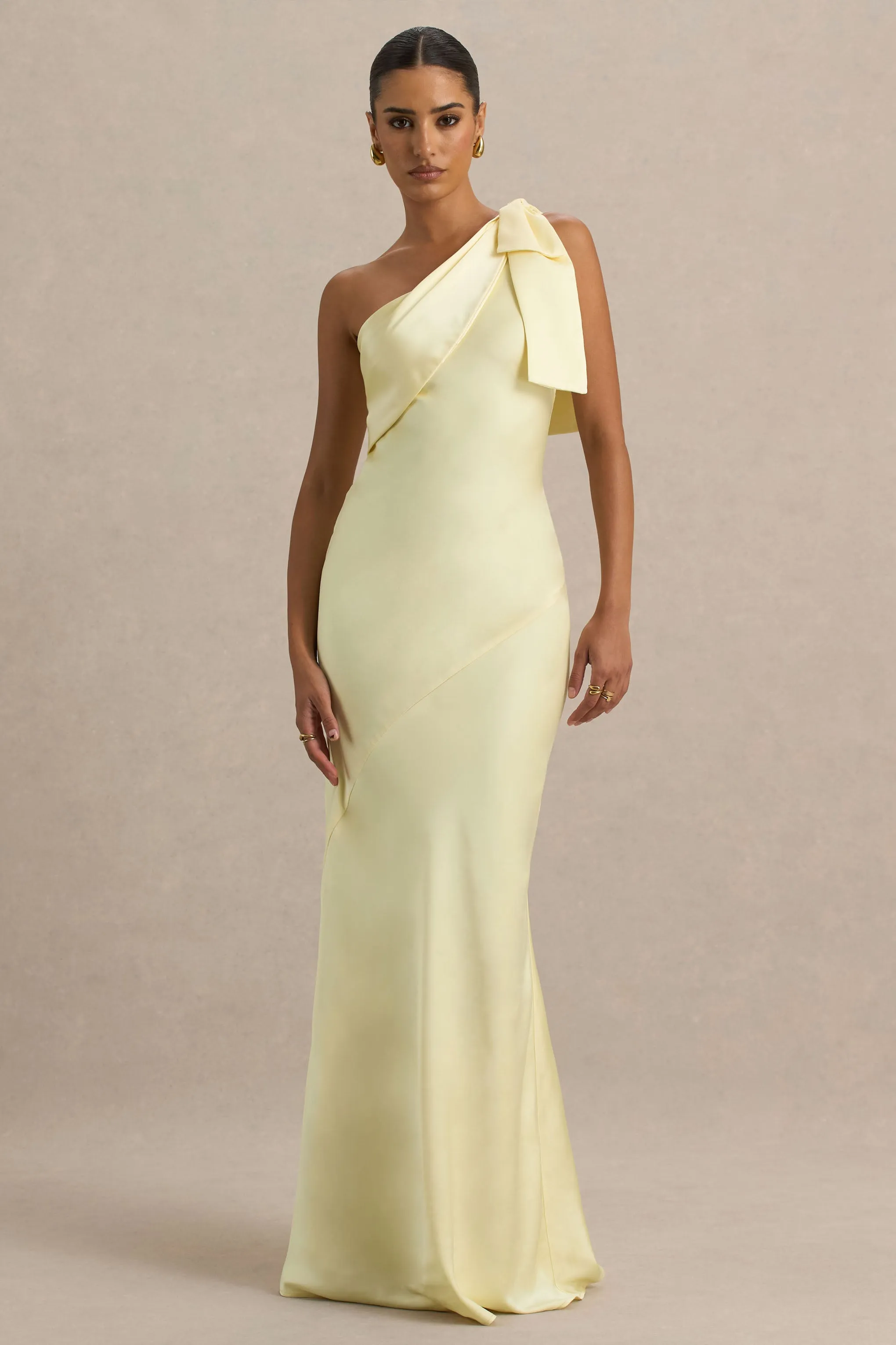 Valerie | Lemon Satin Asymmetric-Neck Maxi Dress With Bow Detail sold by Club L London product image thumbnail 5