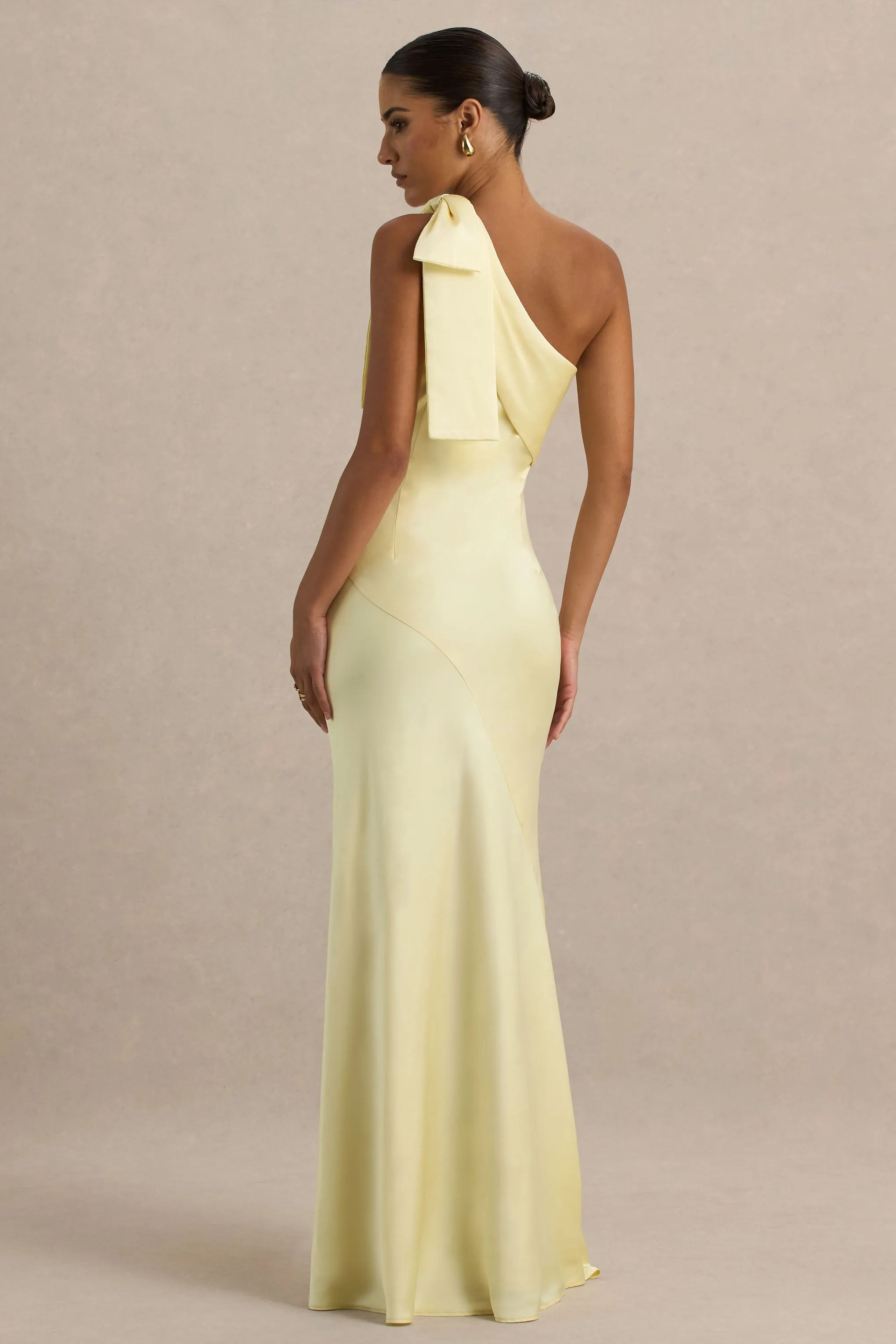 Valerie | Lemon Satin Asymmetric-Neck Maxi Dress With Bow Detail sold by Club L London product image thumbnail 2