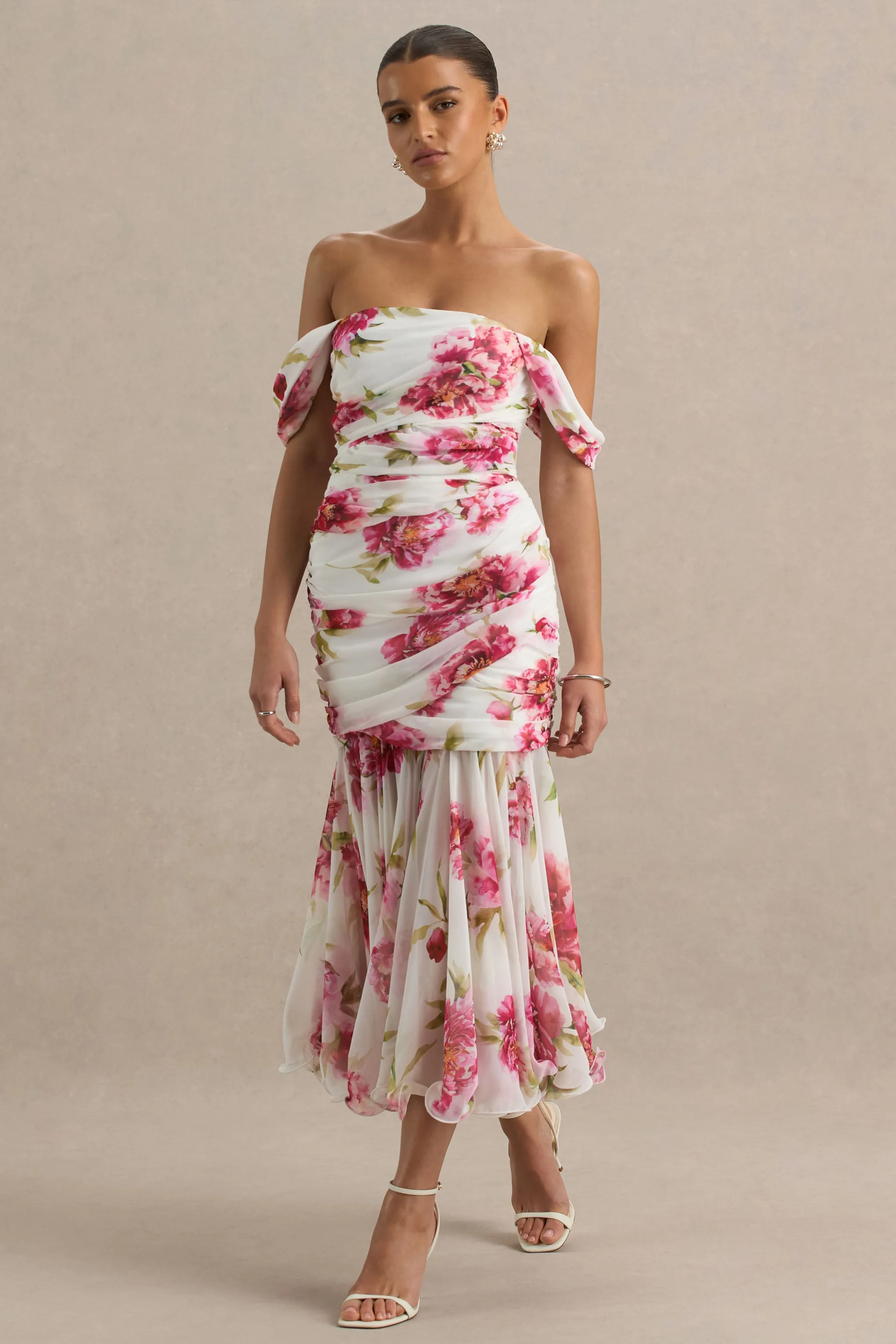 Madelyn | Cream Floral Print Short-Sleeve Bardot Wrap Maxi Dress With Ruching sold by Club L London product image thumbnail 4
