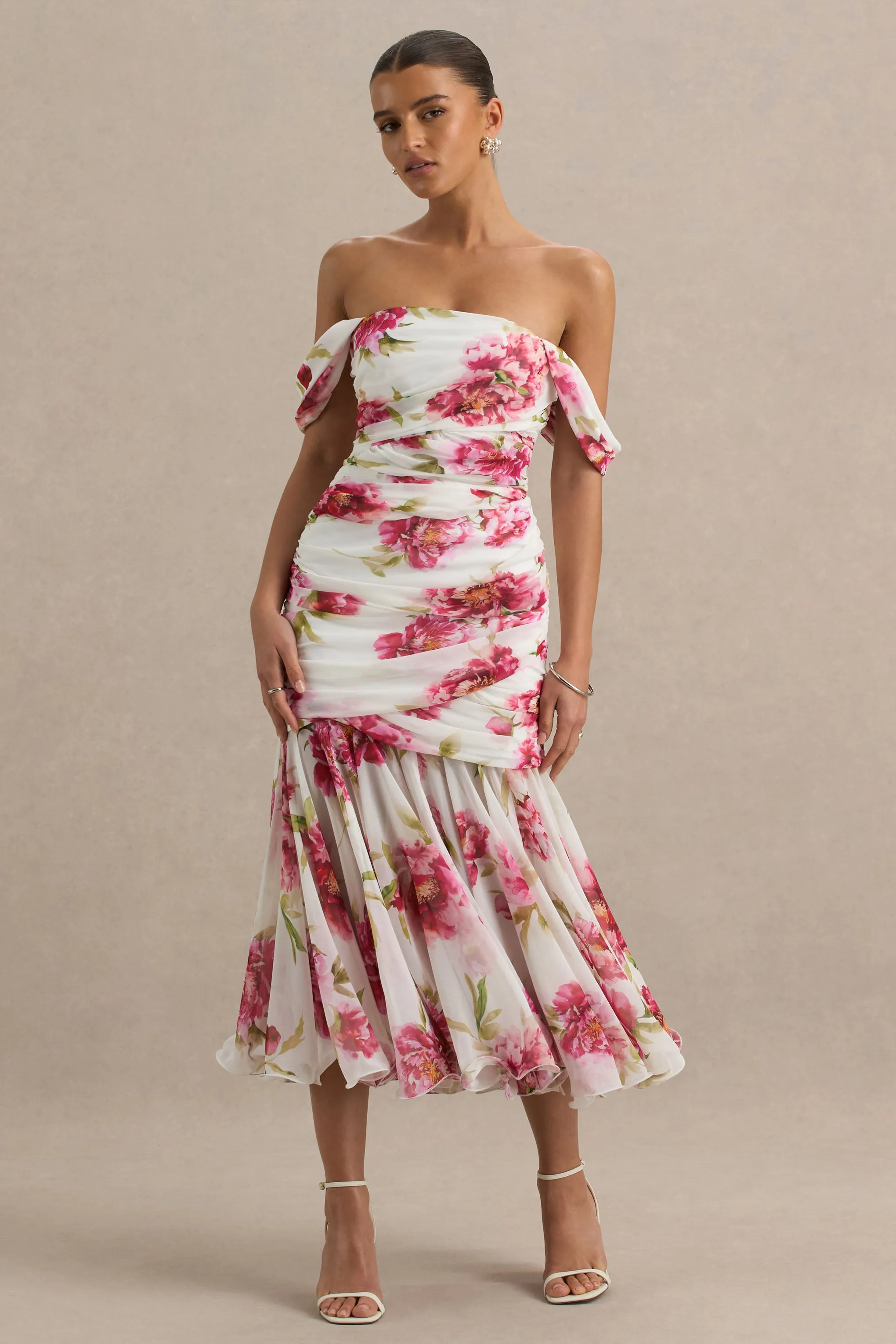 Madelyn | Cream Floral Print Short-Sleeve Bardot Wrap Maxi Dress With Ruching sold by Club L London product image thumbnail 3