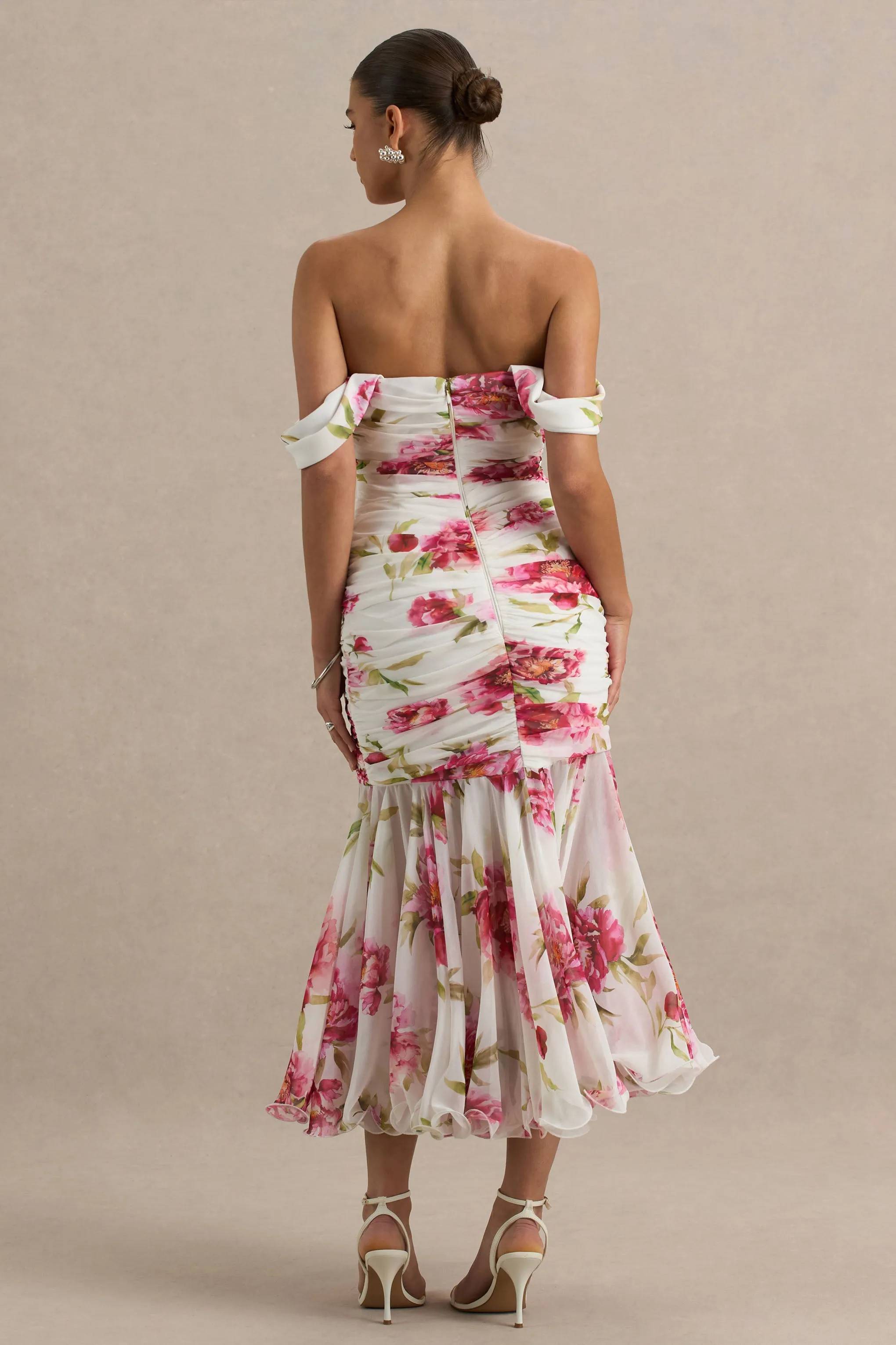 Madelyn | Cream Floral Print Short-Sleeve Bardot Wrap Maxi Dress With Ruching sold by Club L London product image thumbnail 2