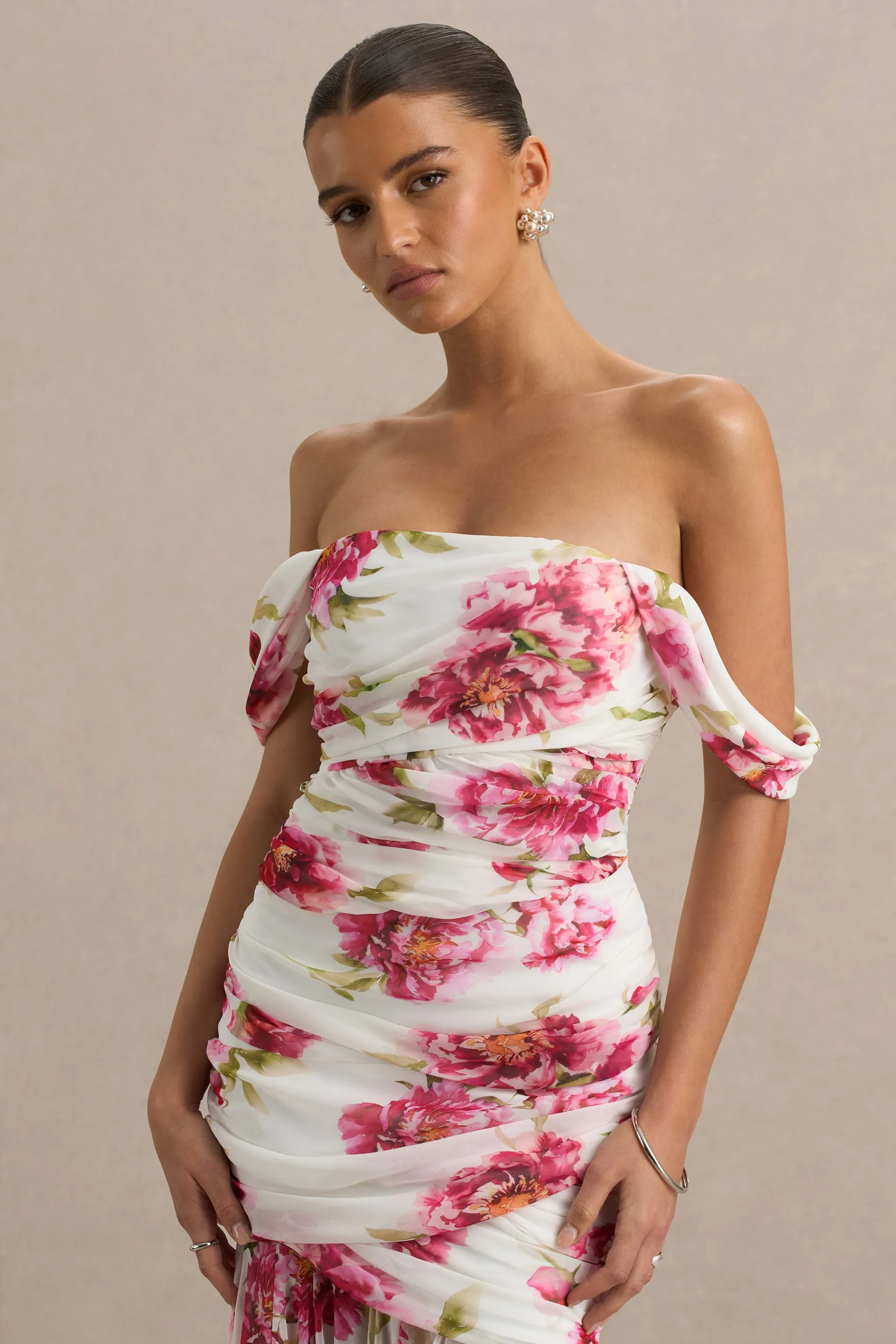 Madelyn | Cream Floral Print Short-Sleeve Bardot Wrap Maxi Dress With Ruching sold by Club L London product image thumbnail 5