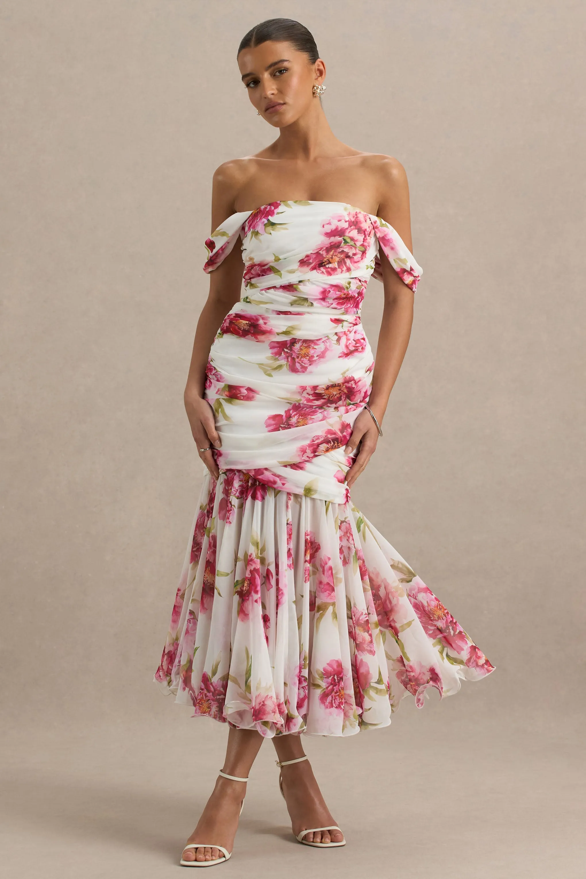 Madelyn | Cream Floral Print Short-Sleeve Bardot Wrap Maxi Dress With Ruching sold by Club L London